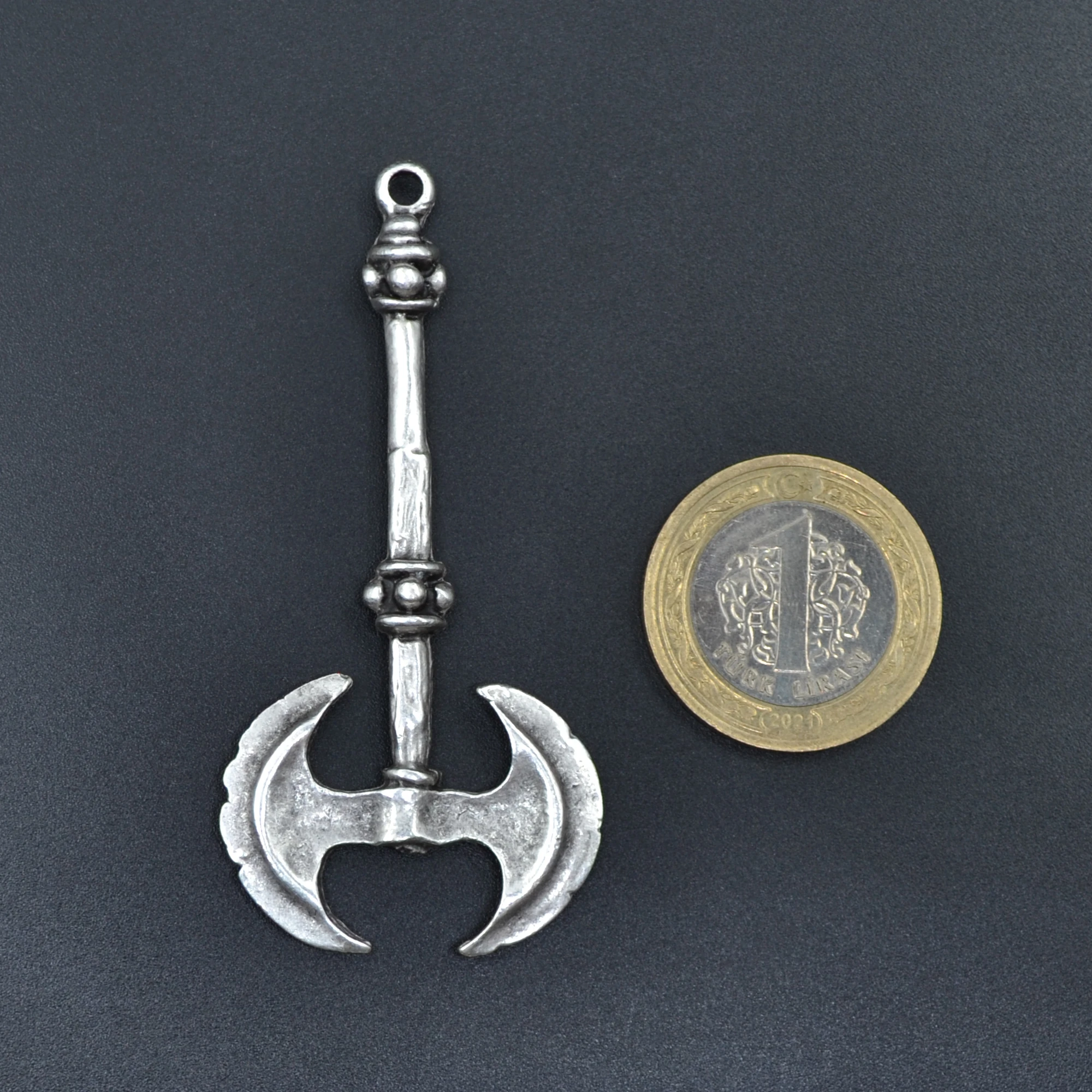 Çift Taraflı Savaşçı Balta Kolye - Gümüş ( Silver ) Renk - 60 cm Örme Zincir Kolye