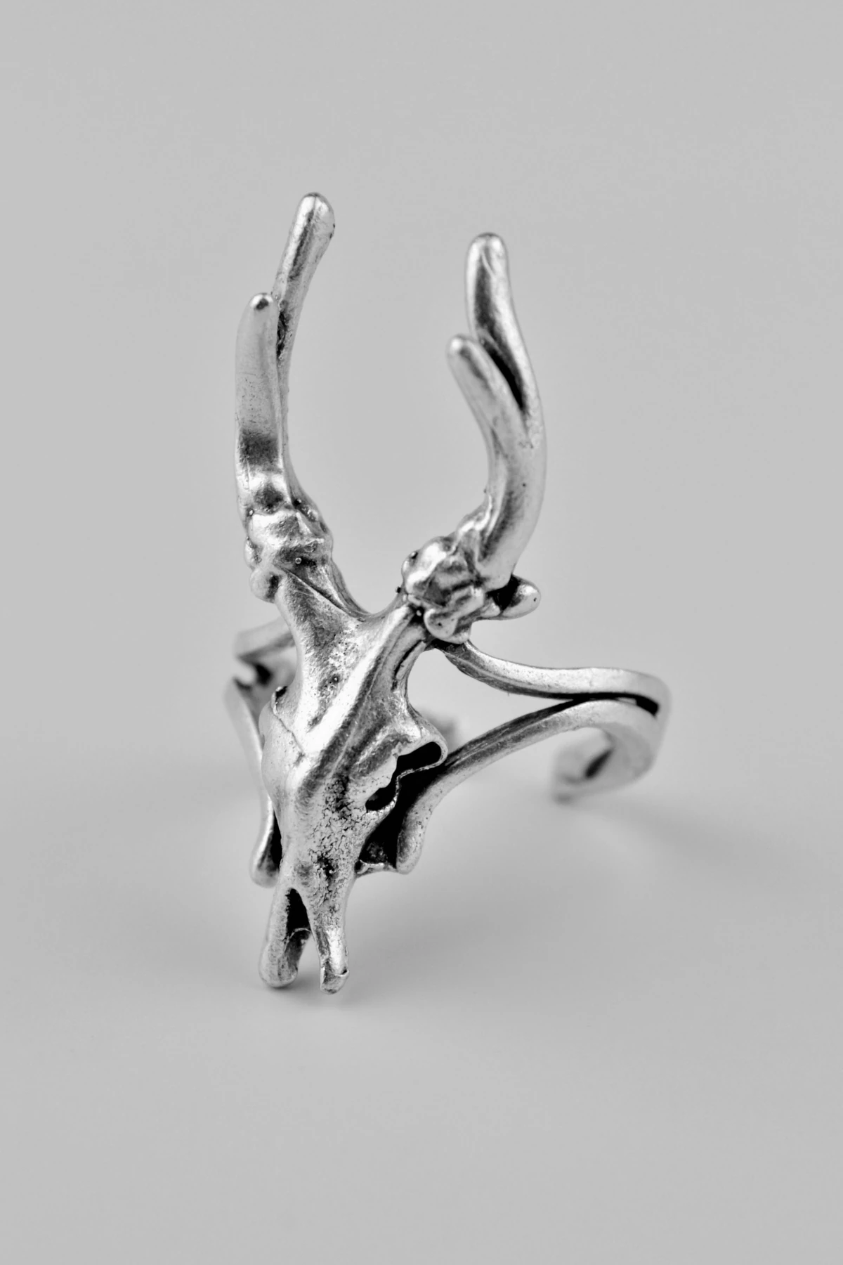 Geyik Başı Kuru Kafa Antik Gümüş Kaplama Ayarlamalı Erkek Kadın Yüzük