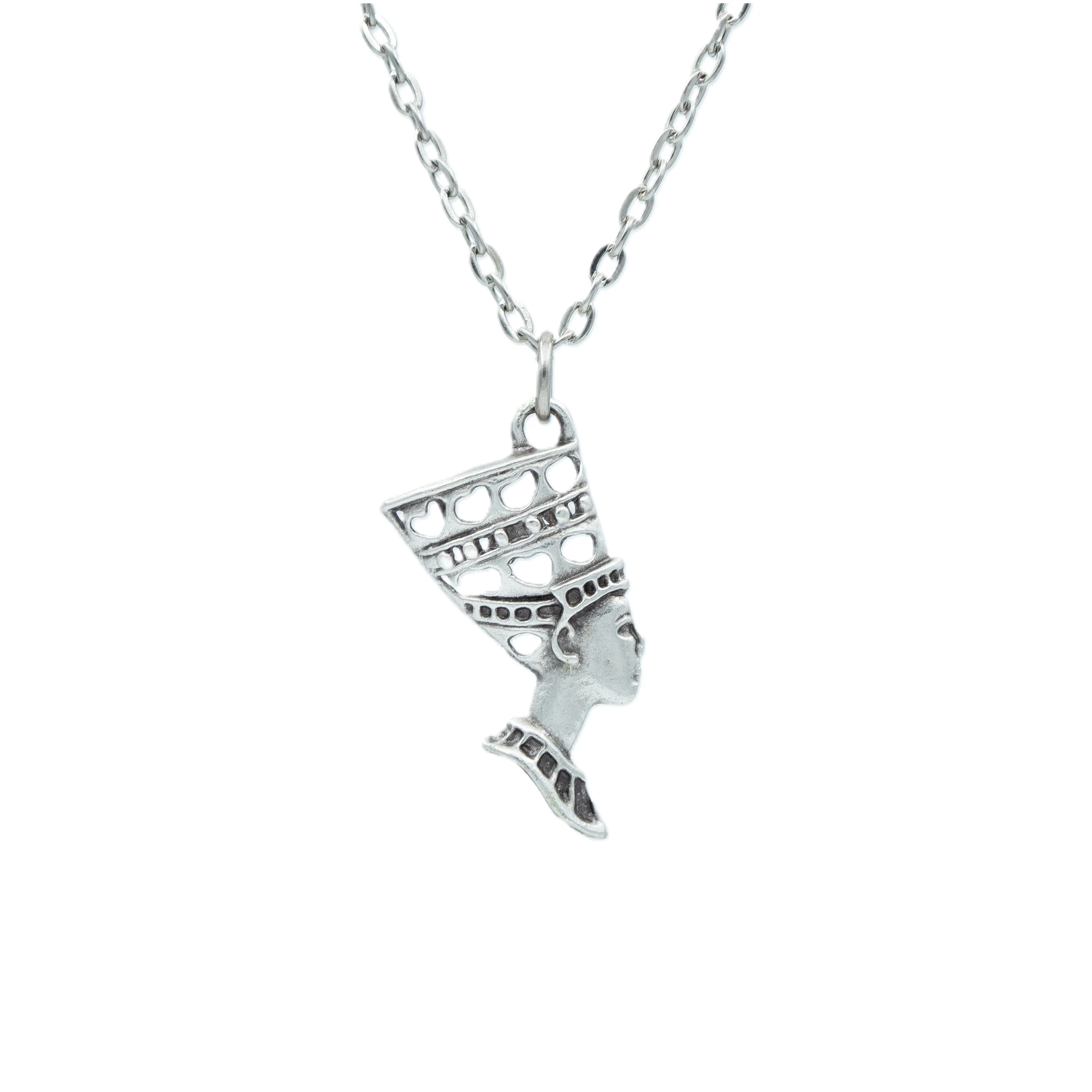 Mısır Kraliçesi Nefertiti Kolye - Gümüş ( Silver ) Renk - 60 cm Düz Ezme Zincir Kolye