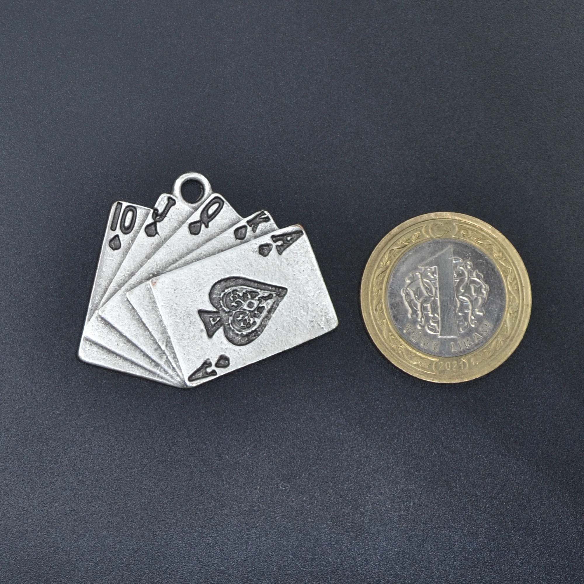 Poker İskambil Kolye - Gümüş ( Silver ) Renk - 60 cm Düz Ezme Zincir Kolye