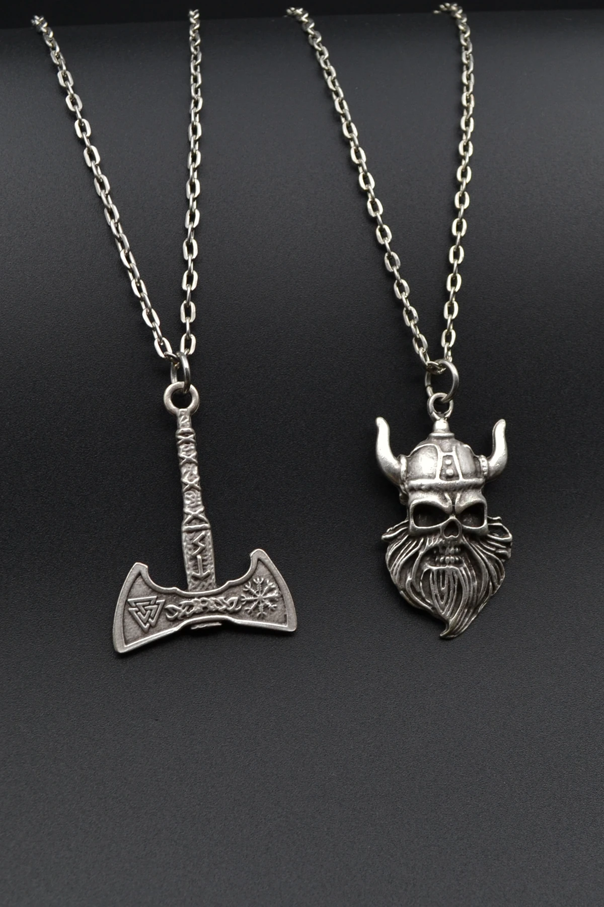 2'li Viking Sakallı Kuru Kafa - Balta Erkek Kadın Kolye Seti