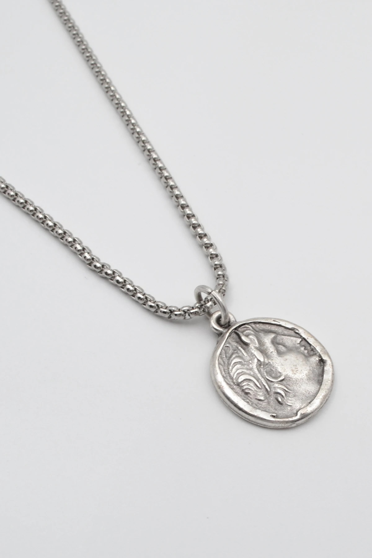 Yunan Antik Makedonya Kralı Büyük İskender Örme Zincir Kolye - Antik Gümüş Kaplama - Kadın Erkek - 60 cm