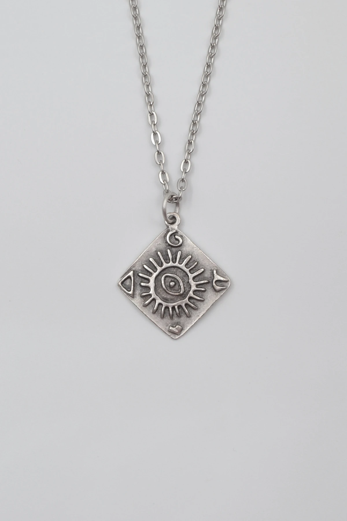 Güneş ve Göz Sembollü Düz Ezme Zincir Kolye - Antik Gümüş Kaplama - Kadın Erkek - 60 cm