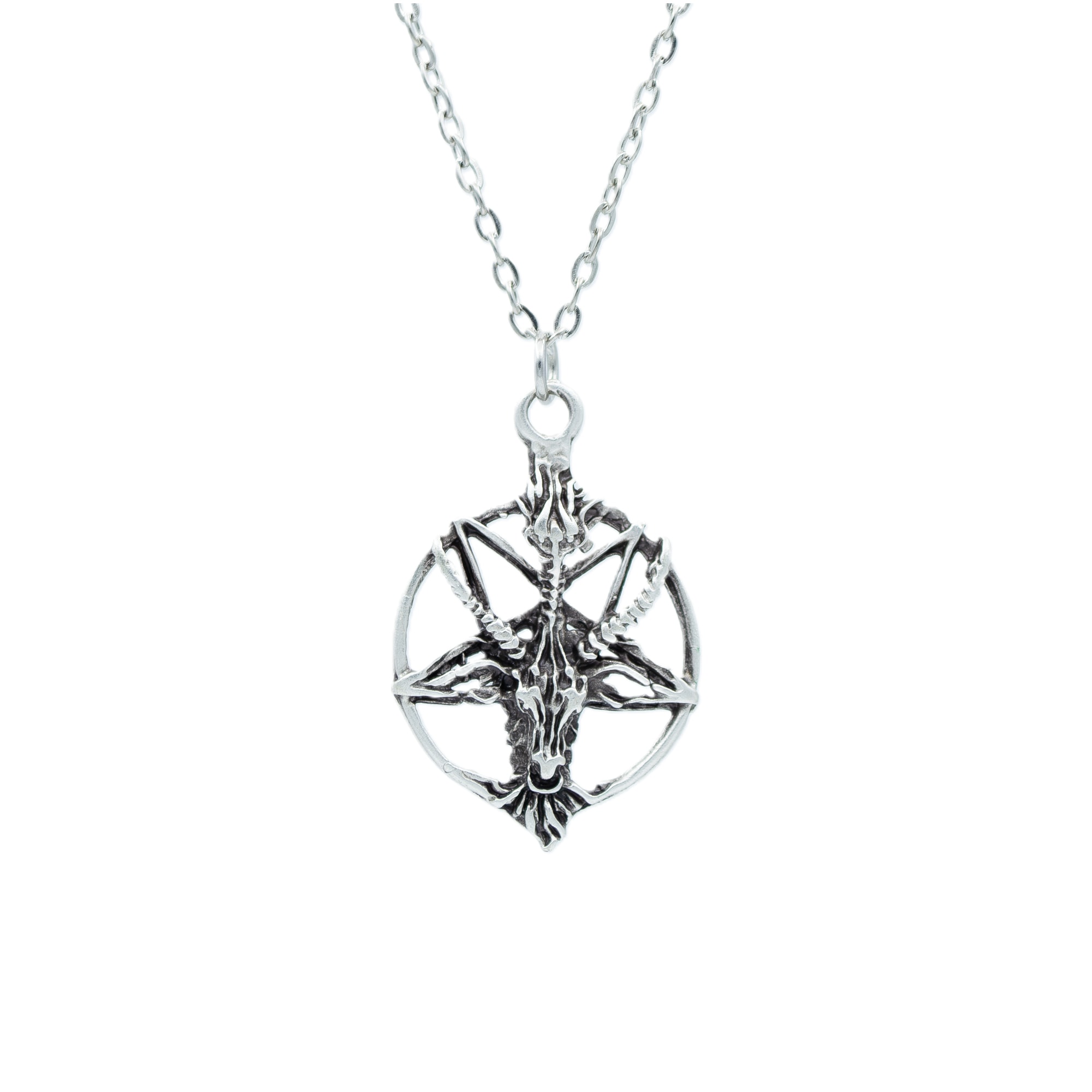 Pentagram Yıldızı Keçi Kafası Kolye - Gümüş ( Silver ) Renk - 60 cm Düz Ezme Zincir Kolye