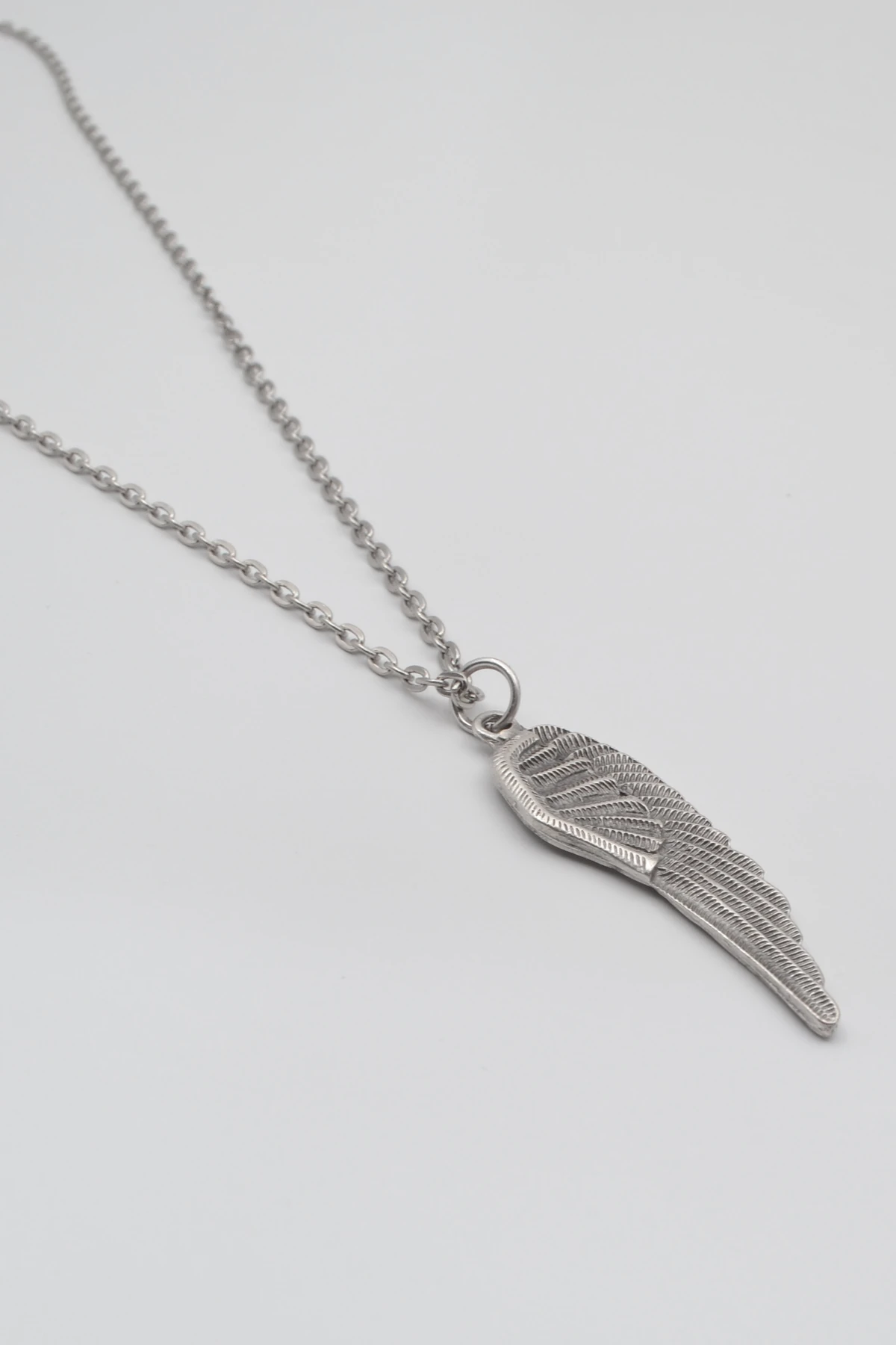 Melek Kanadı Düz Ezme Zincir Kolye - Antik Gümüş Kaplama - Kadın Erkek - 60 cm