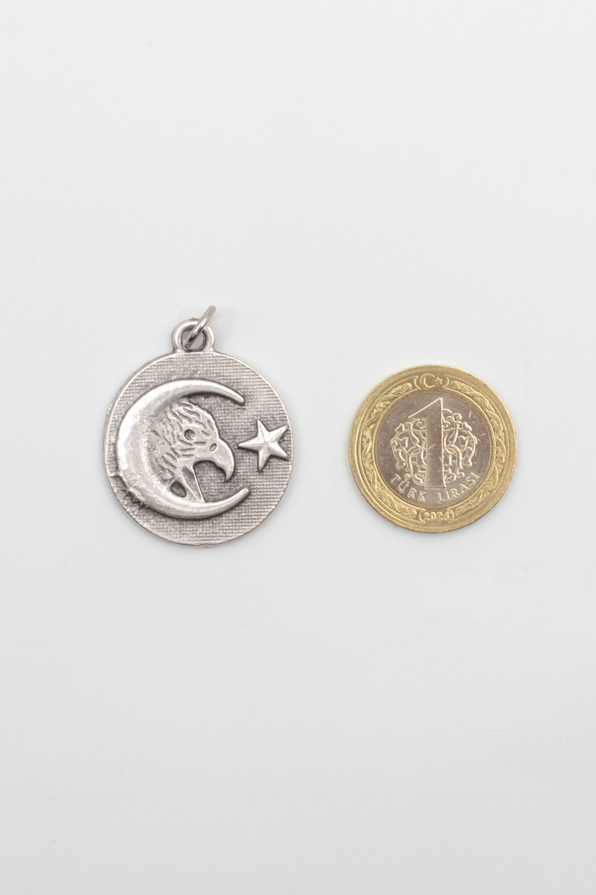 Ay Yıldız ve Kartal Figürlü Kolye - Gümüş ( Silver ) Renk - 60 cm Örme Zincir Kolye