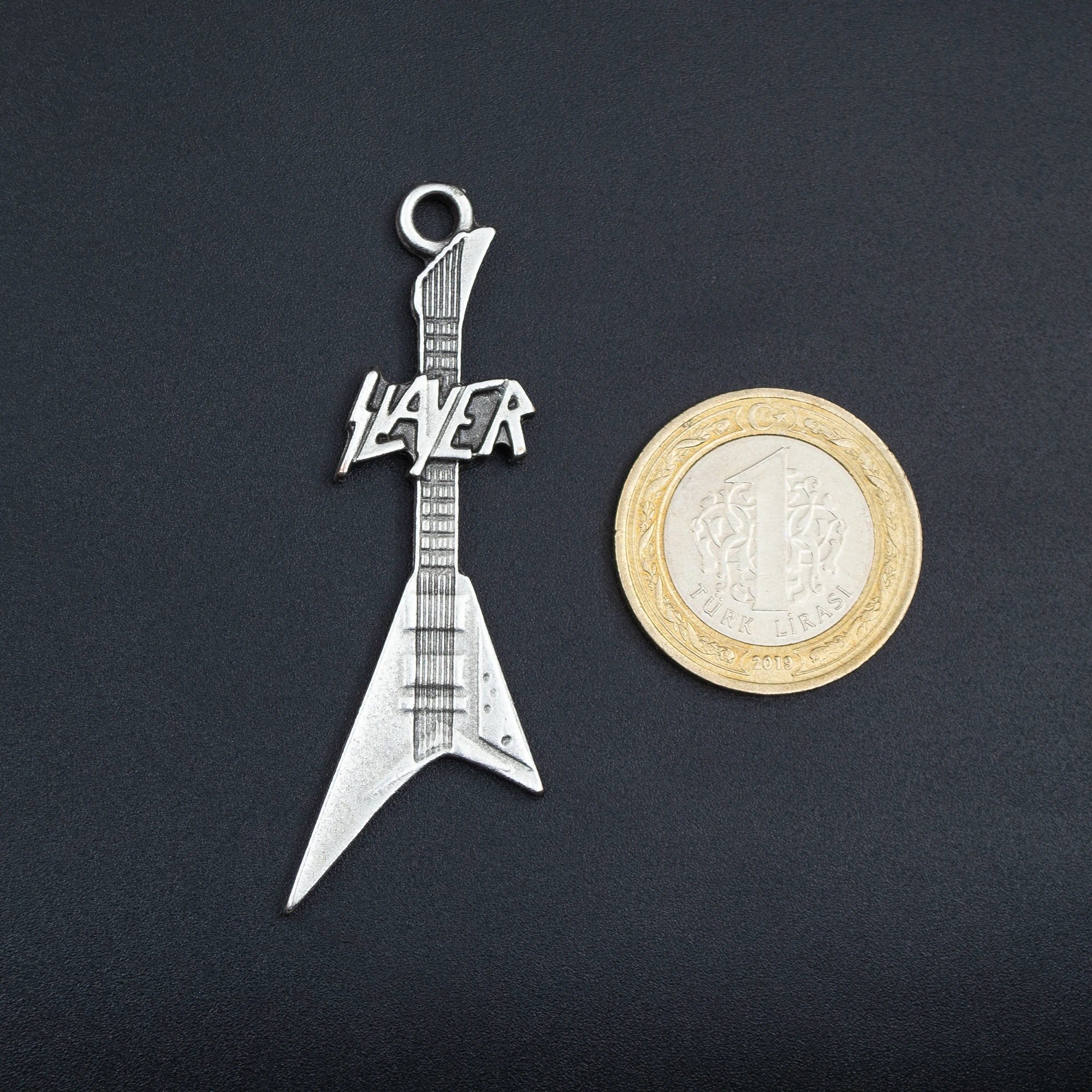 Slayer Elektro Gitar Kolye - Gümüş ( Silver ) Renk - 60 cm Deri İp Kolye