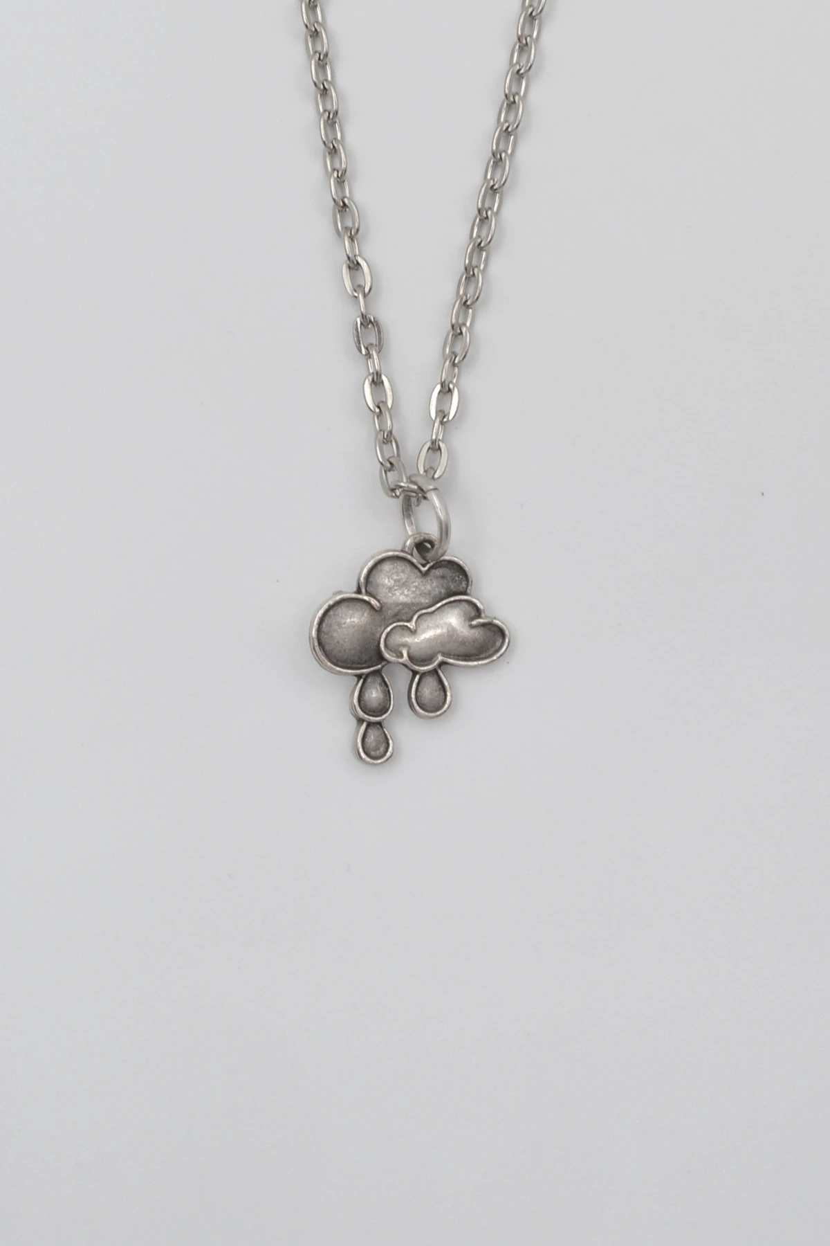 Bulut ve Yağmur Damlası Düz Ezme Zincir Kolye - Antik Gümüş Kaplama - Kadın Erkek - 60 cm