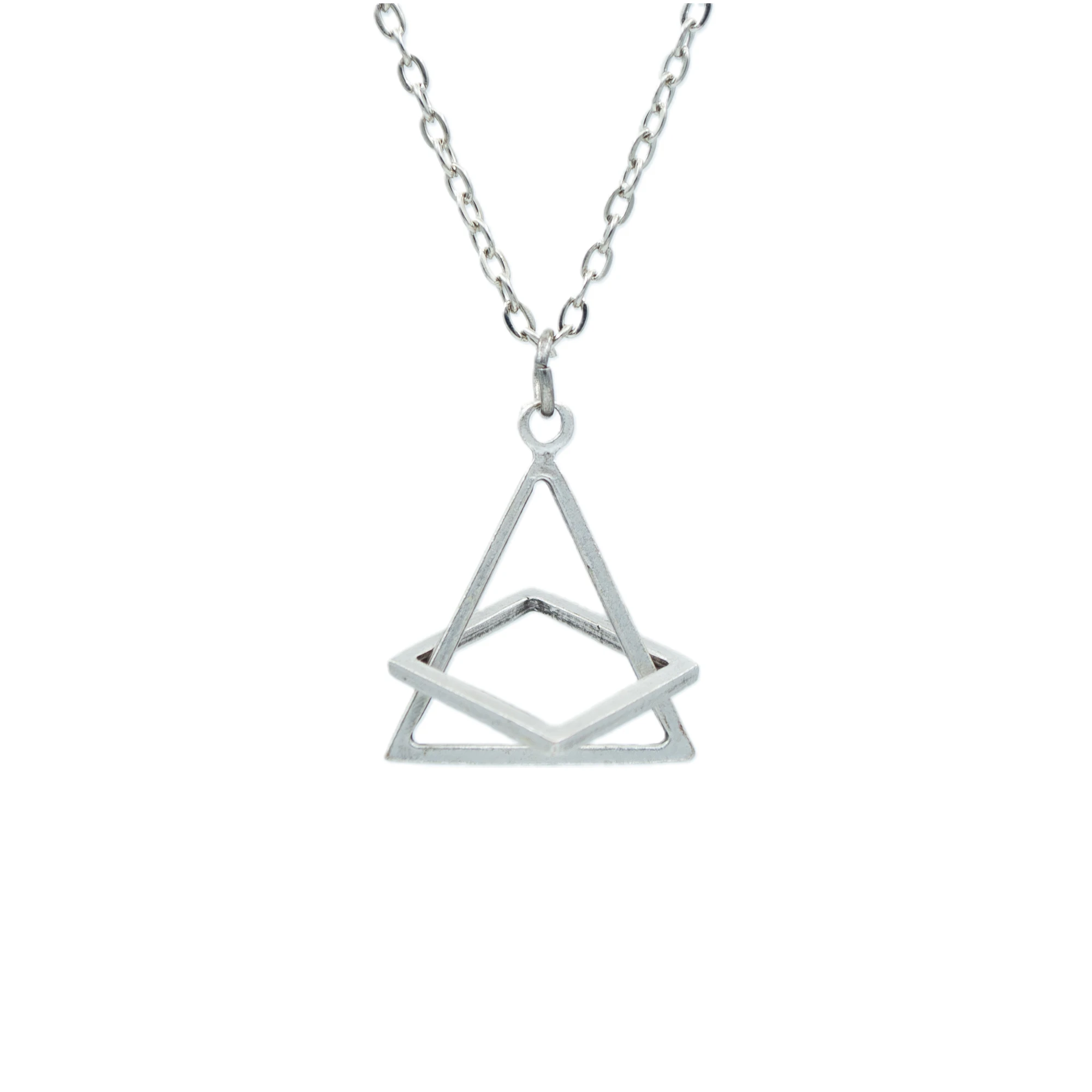 Üçgen Kare Geometrik Kolye - Gümüş ( Silver ) Renk - 60 cm Düz Ezme Zincir Kolye