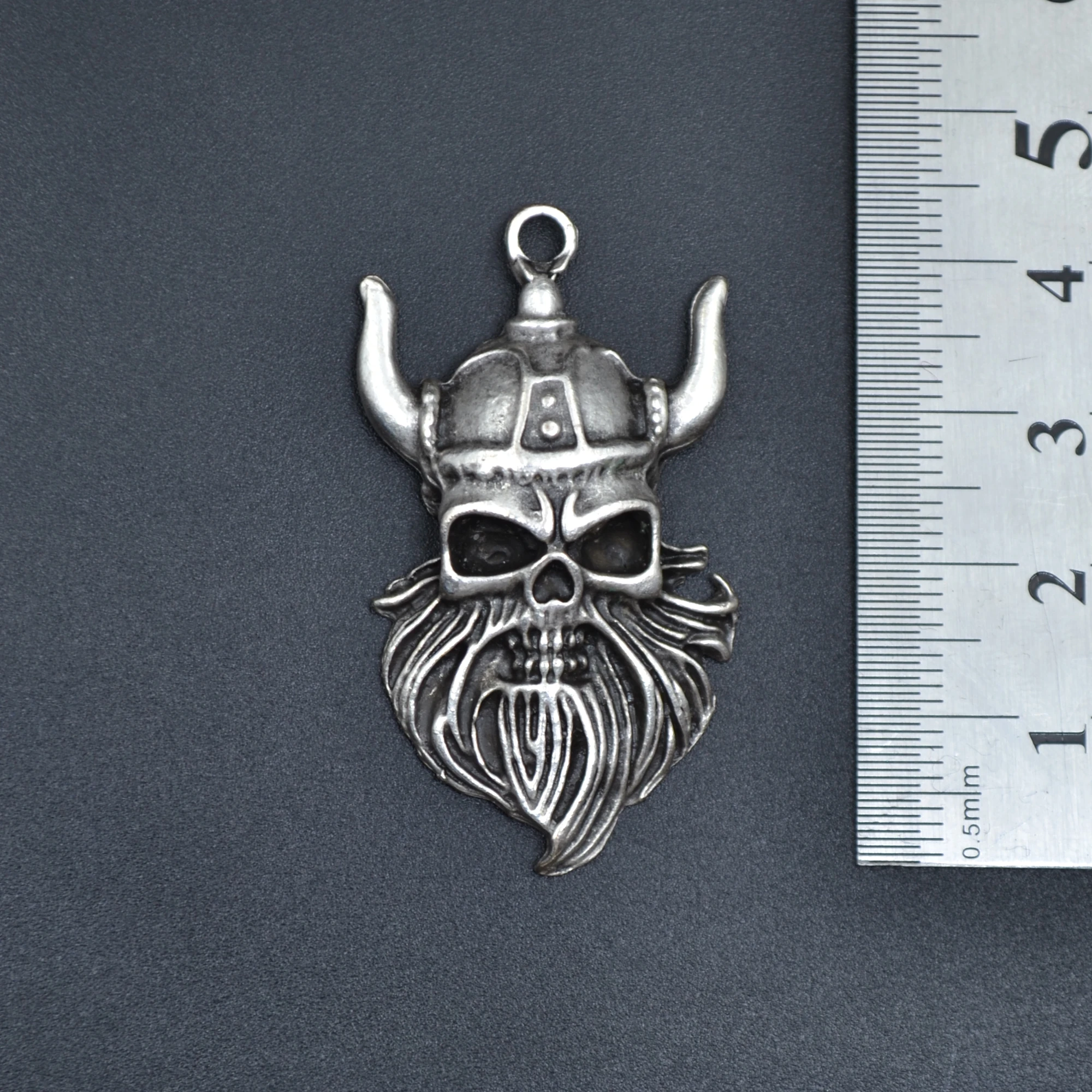 Viking Sakallı Kuru Kafa Kolye - Gümüş ( Silver ) Renk - 60 cm Düz Ezme Zincir Kolye