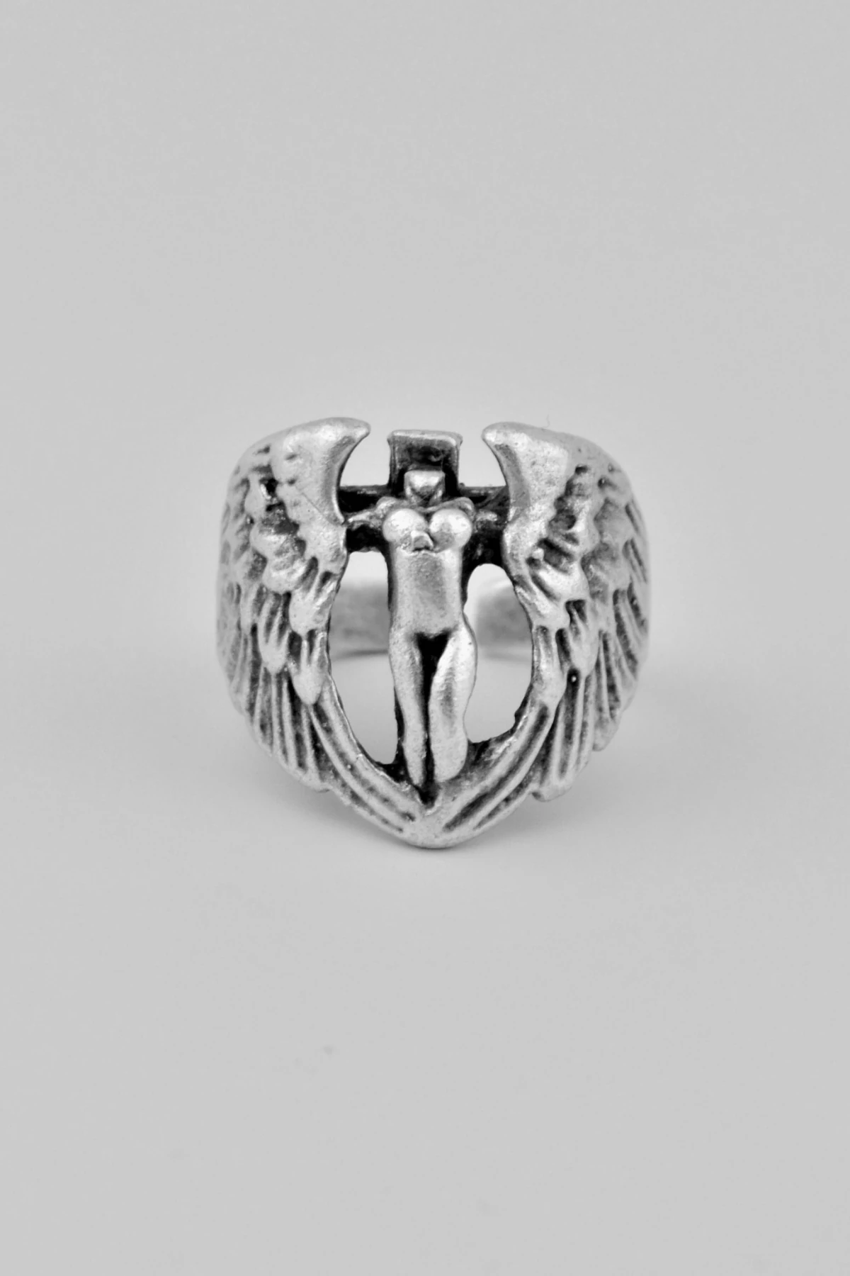 Kanatlı Kadın Melek Gümüş Kaplama Ayarlamalı Kadın Erkek Yüzük