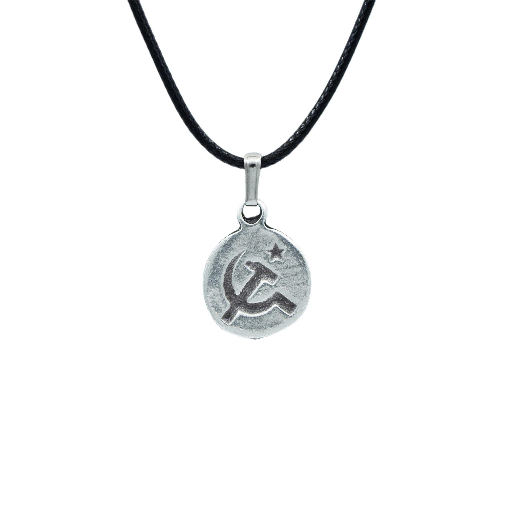 Minmimal Orak Çekiç Madalyon Kolye - Gümüş ( Silver ) Renk - 60 cm Deri İp Kolye