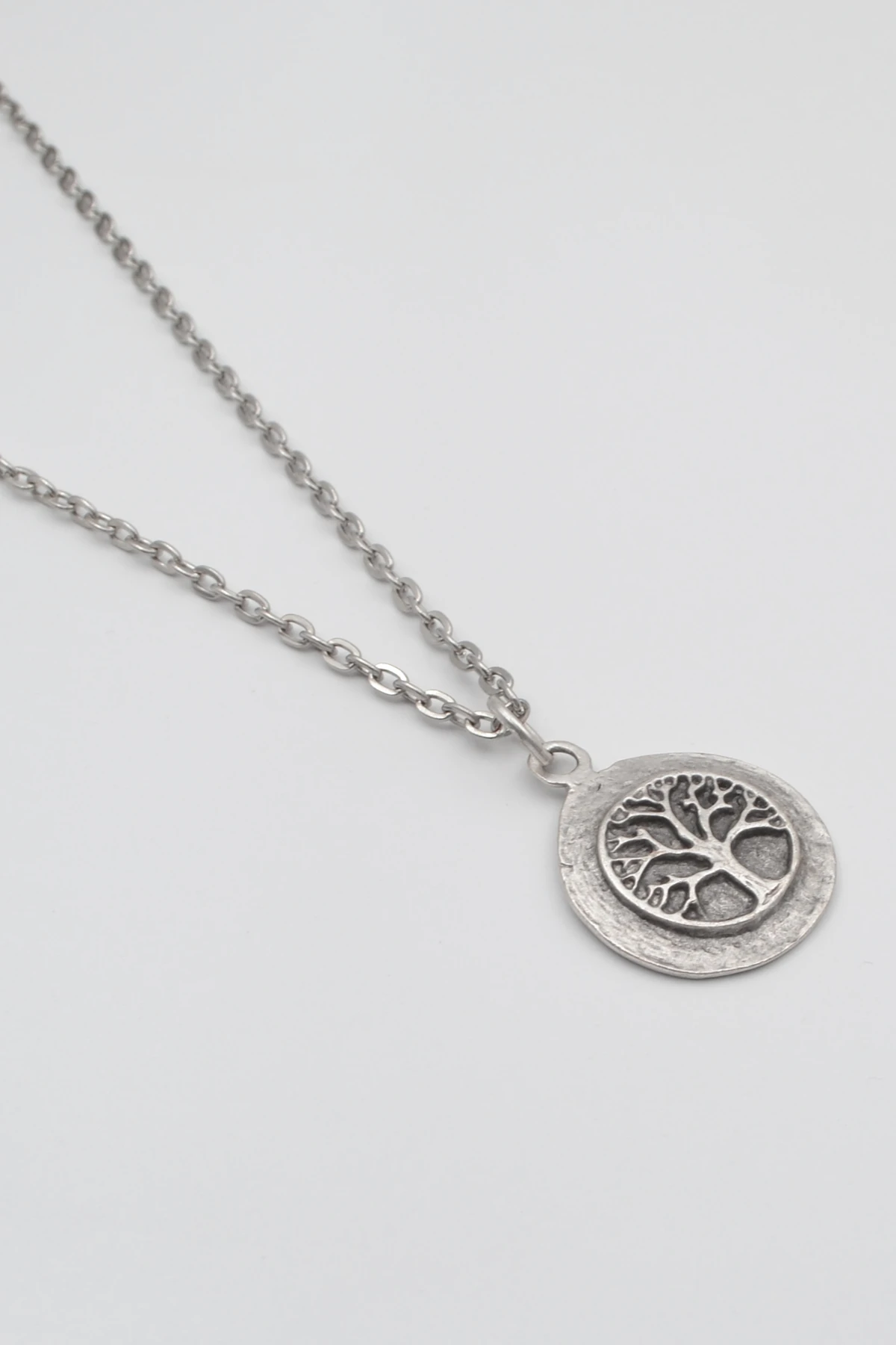 Yaşam - Hayat Ağacı Düz Ezme Zincir Kolye - Antik Gümüş Kaplama - Kadın Erkek - 60 cm