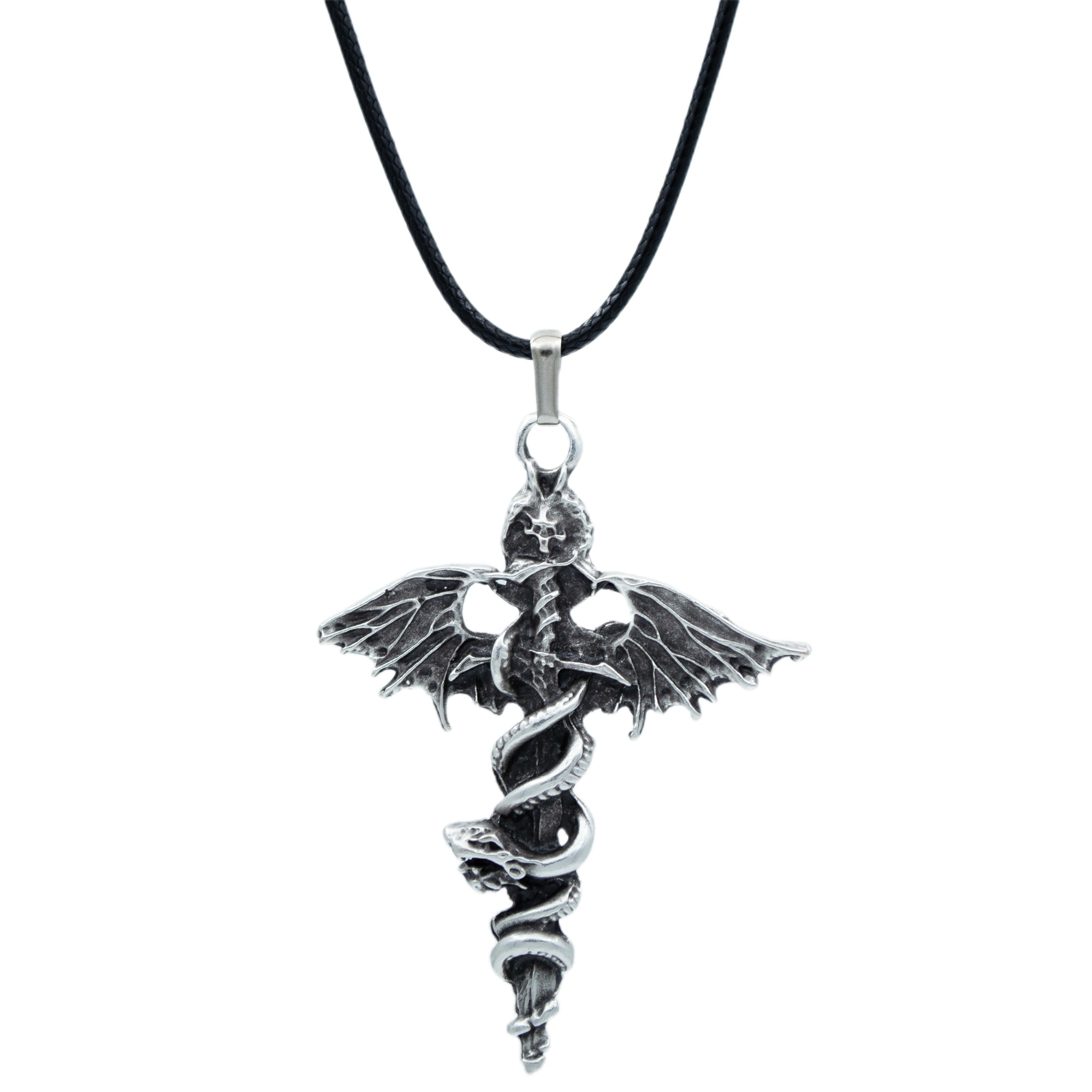 Kılıç Yılan Yarasa Kolye - Gümüş ( Silver ) Renk - 60 cm Deri İp Kolye