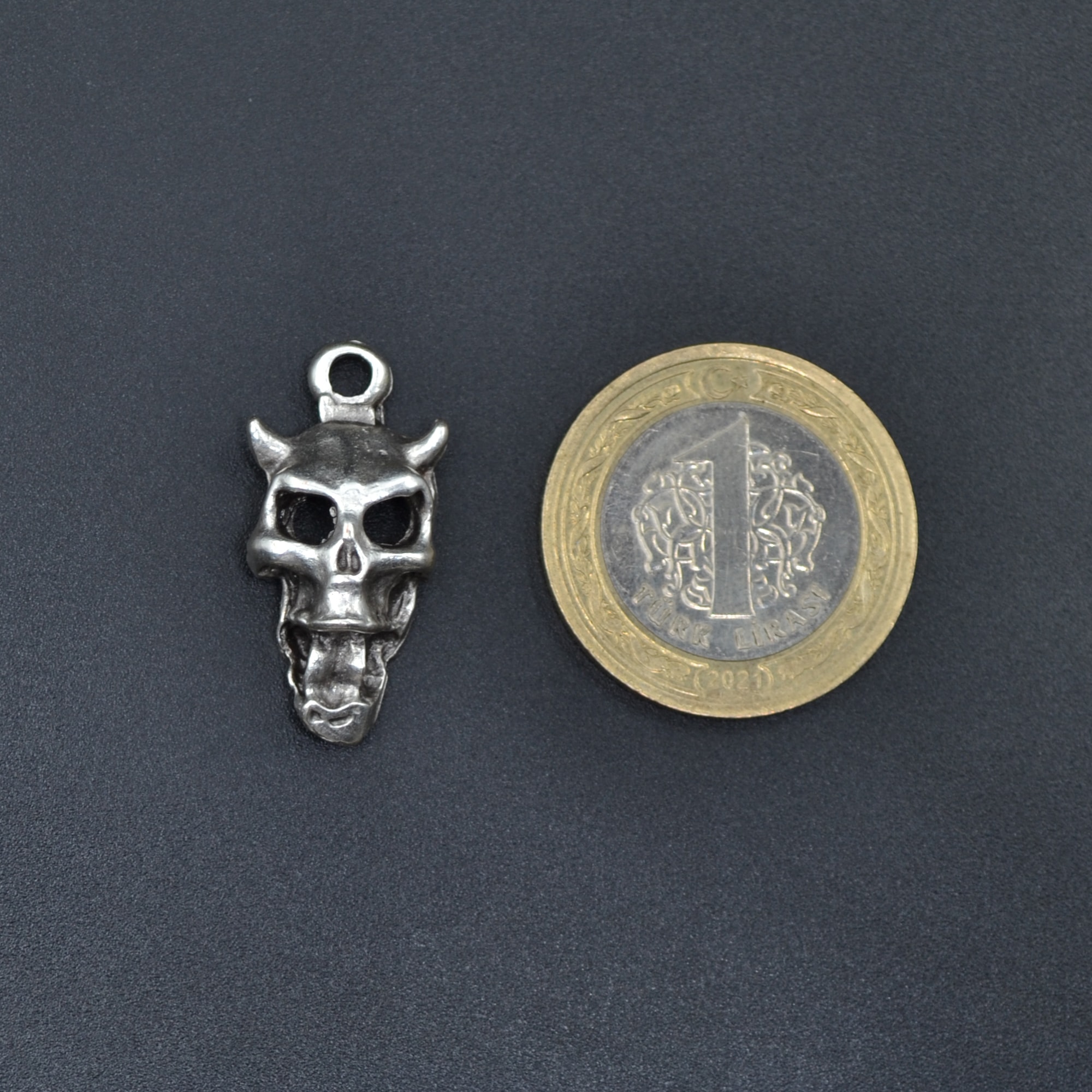 Minimal Diablo - Şeytan Kolye - Gümüş ( Silver ) Renk - 60 cm Deri İp Kolye