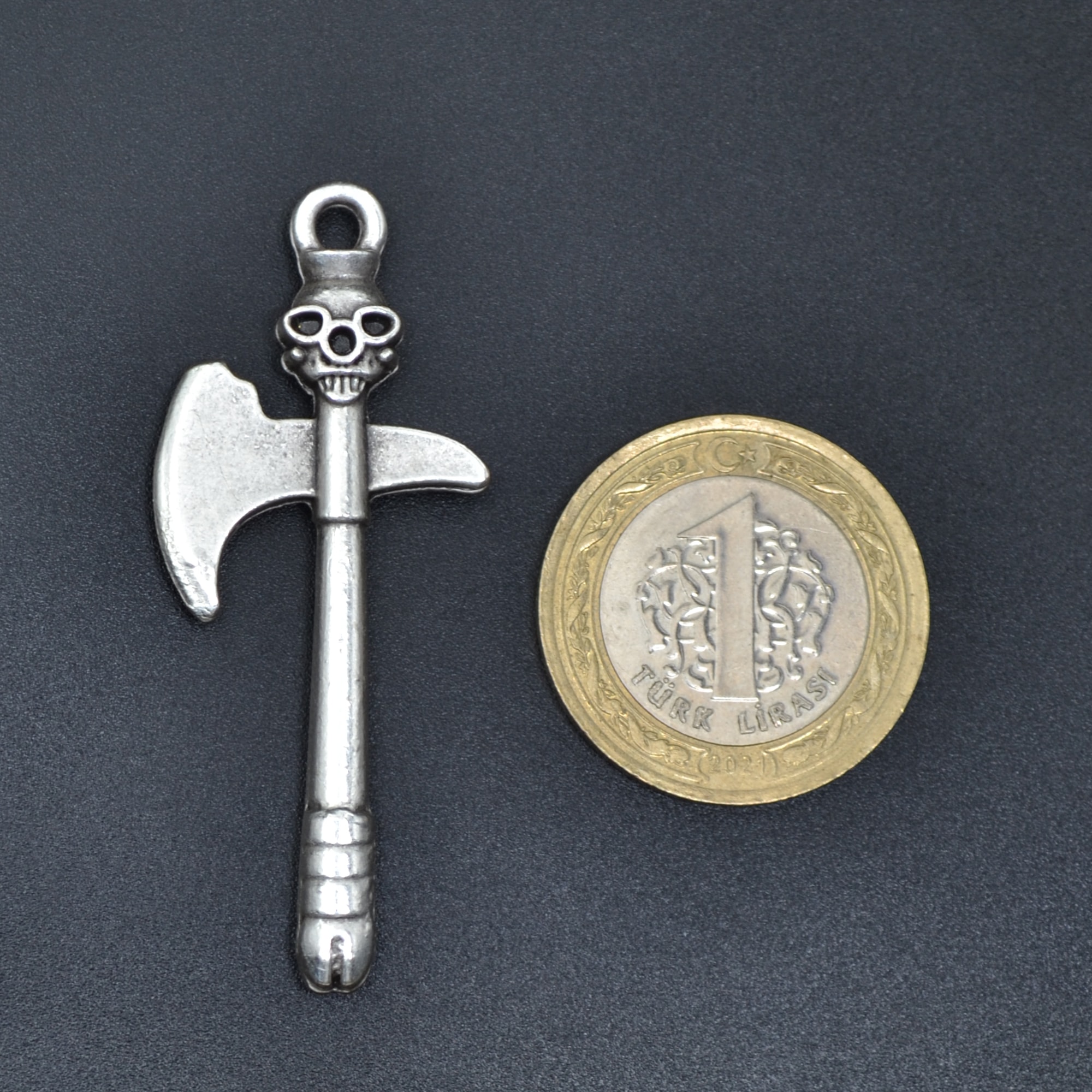 Kuru Kafa Savaş Baltası Kolye - Gümüş ( Silver ) Renk - 60 cm Deri İp Kolye