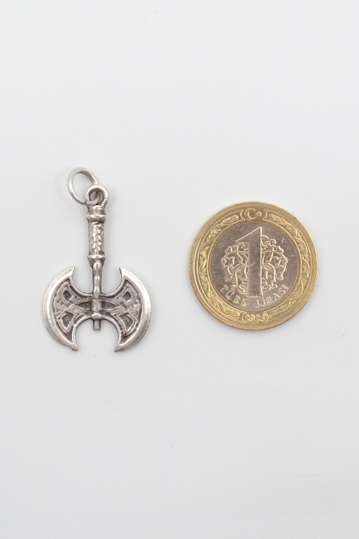 Viking Çift Başlı Balta Kolye - Gümüş ( Silver ) Renk - 60 cm Örme Zincir Kolye
