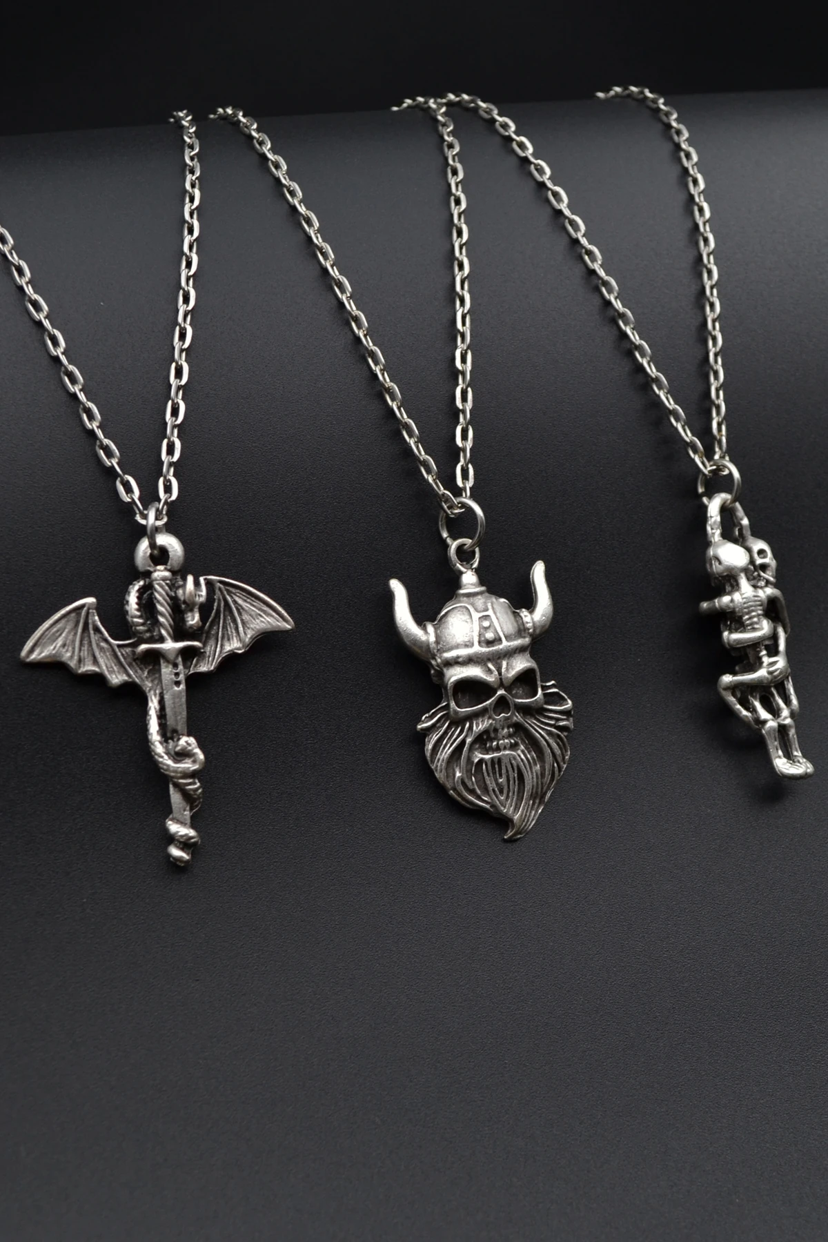 3'lü Sarılan İskelet Ejderha Kılıç Viking Savaşçı Erkek Kadın Kolye Seti