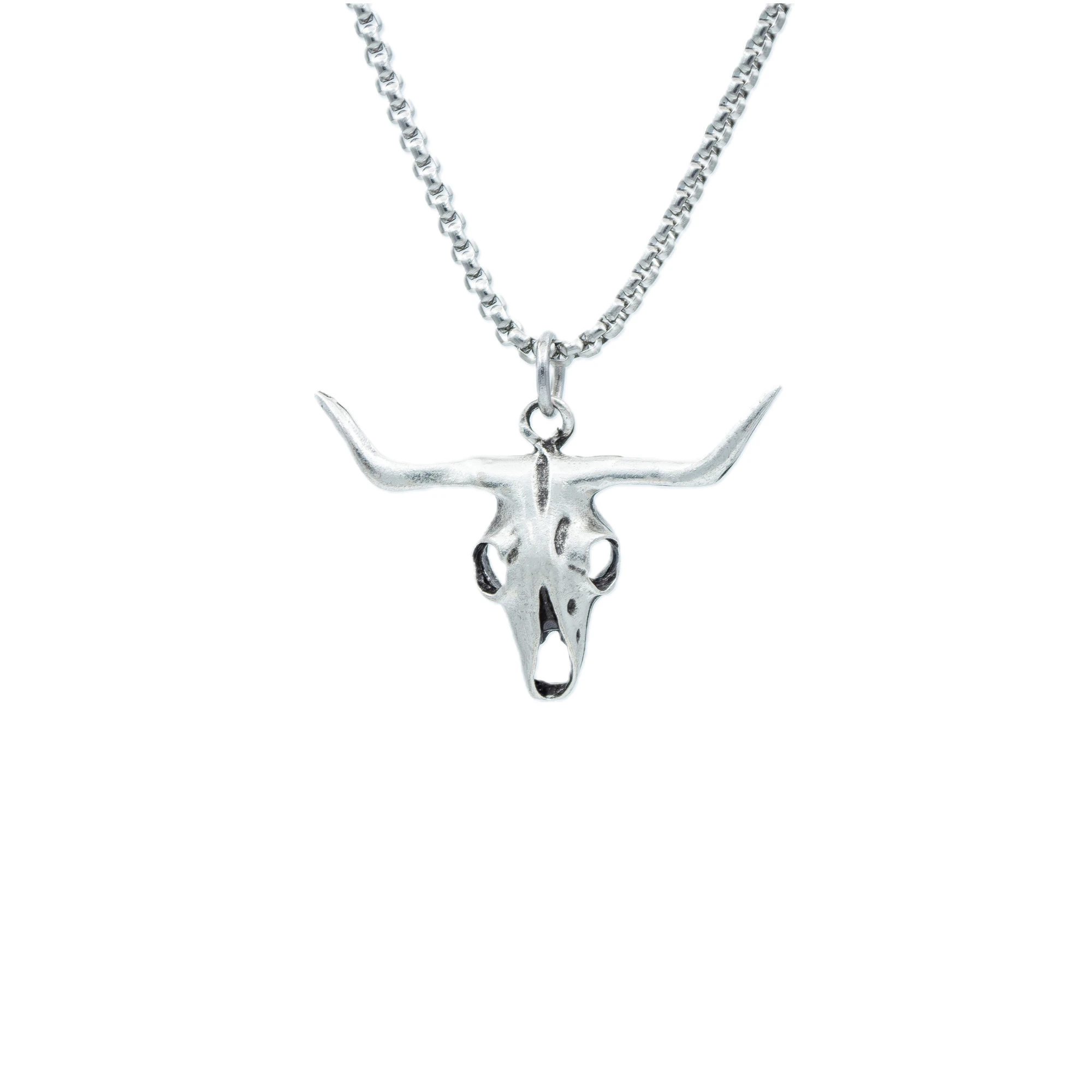 Boğa - Kuru Kafa Kolye - Gümüş ( Silver ) Renk - 60 cm Örme Zincir Kolye