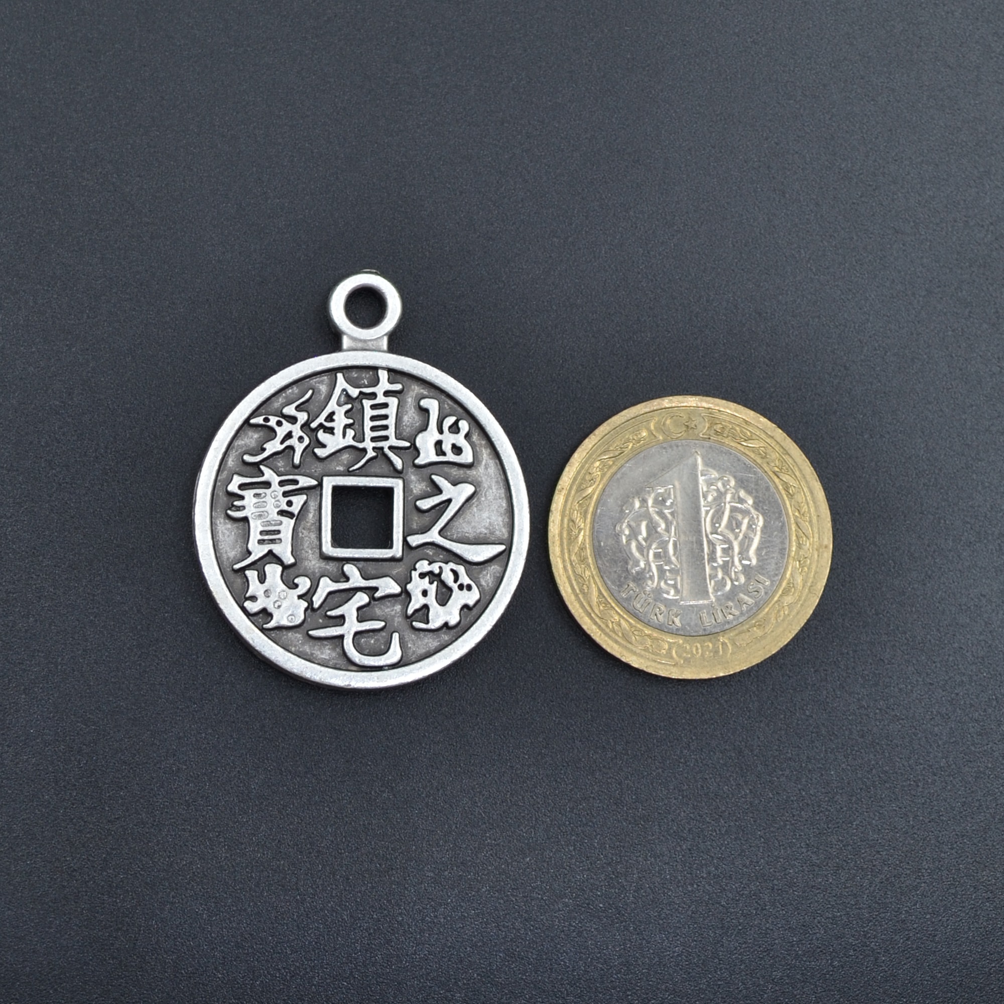 Feng Shui Çin Şans Parası Kolye - Gümüş ( Silver ) Renk - 60 cm Deri İp Kolye