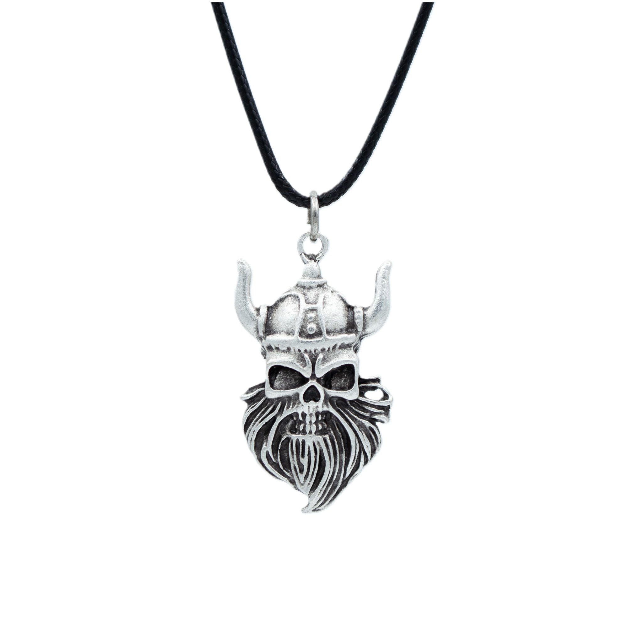 Viking Sakallı Kuru Kafa Kolye - Gümüş ( Silver ) Renk - 60 cm Deri İp Kolye