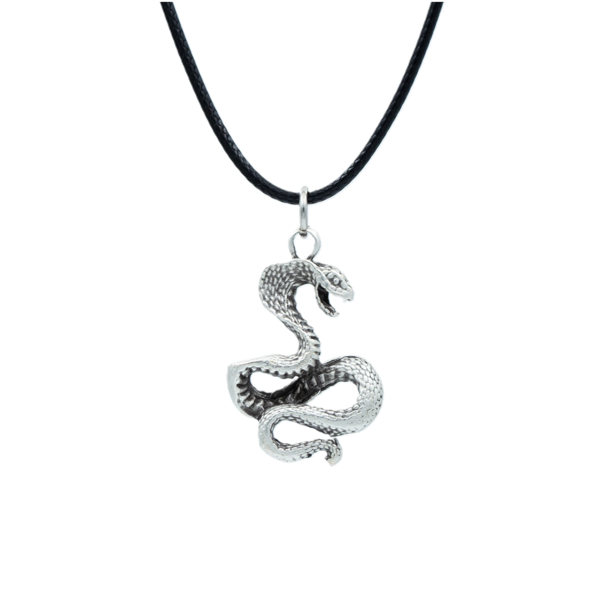 Kobra Yılan Kolye - Gümüş ( Silver ) Renk - 60 cm Deri İp Kolye