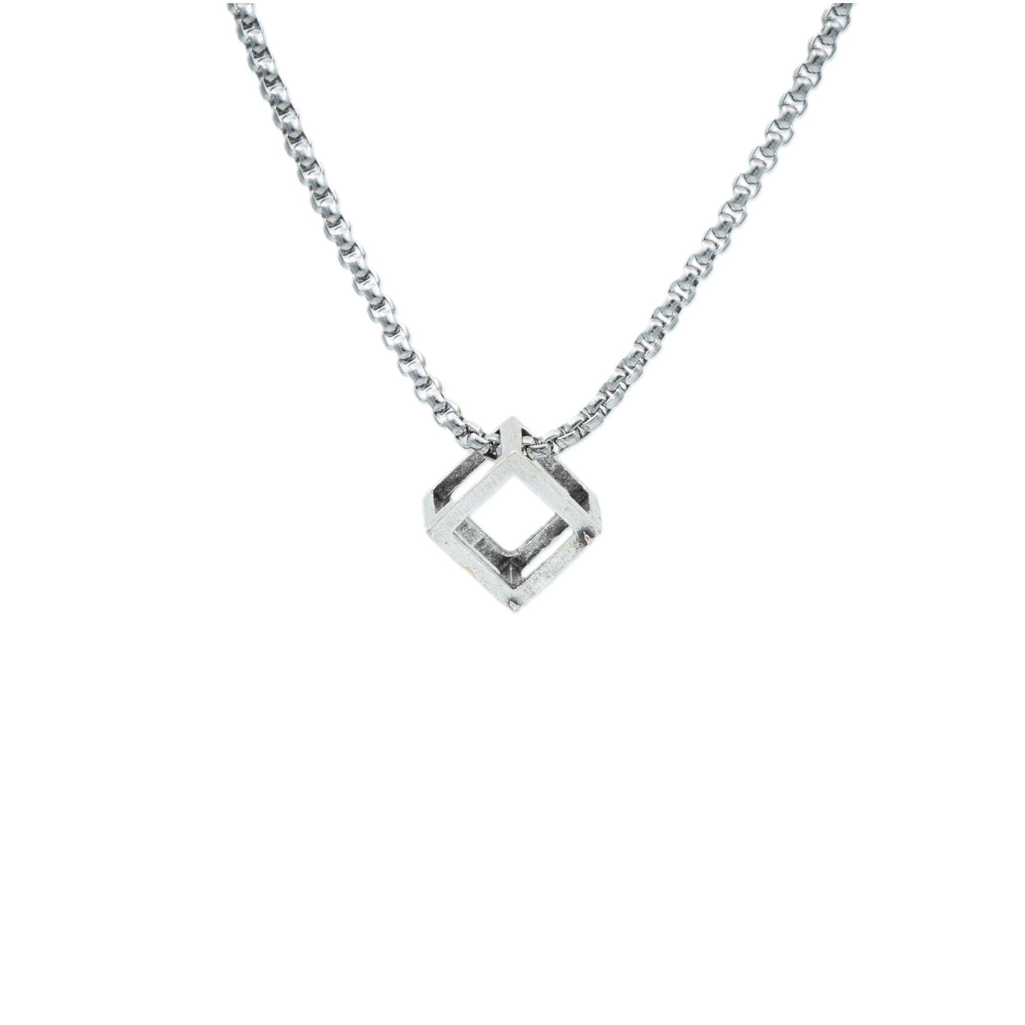 Geometrik - Küp Kolye - Gümüş ( Silver ) Renk - 60 cm Örme Zincir Kolye