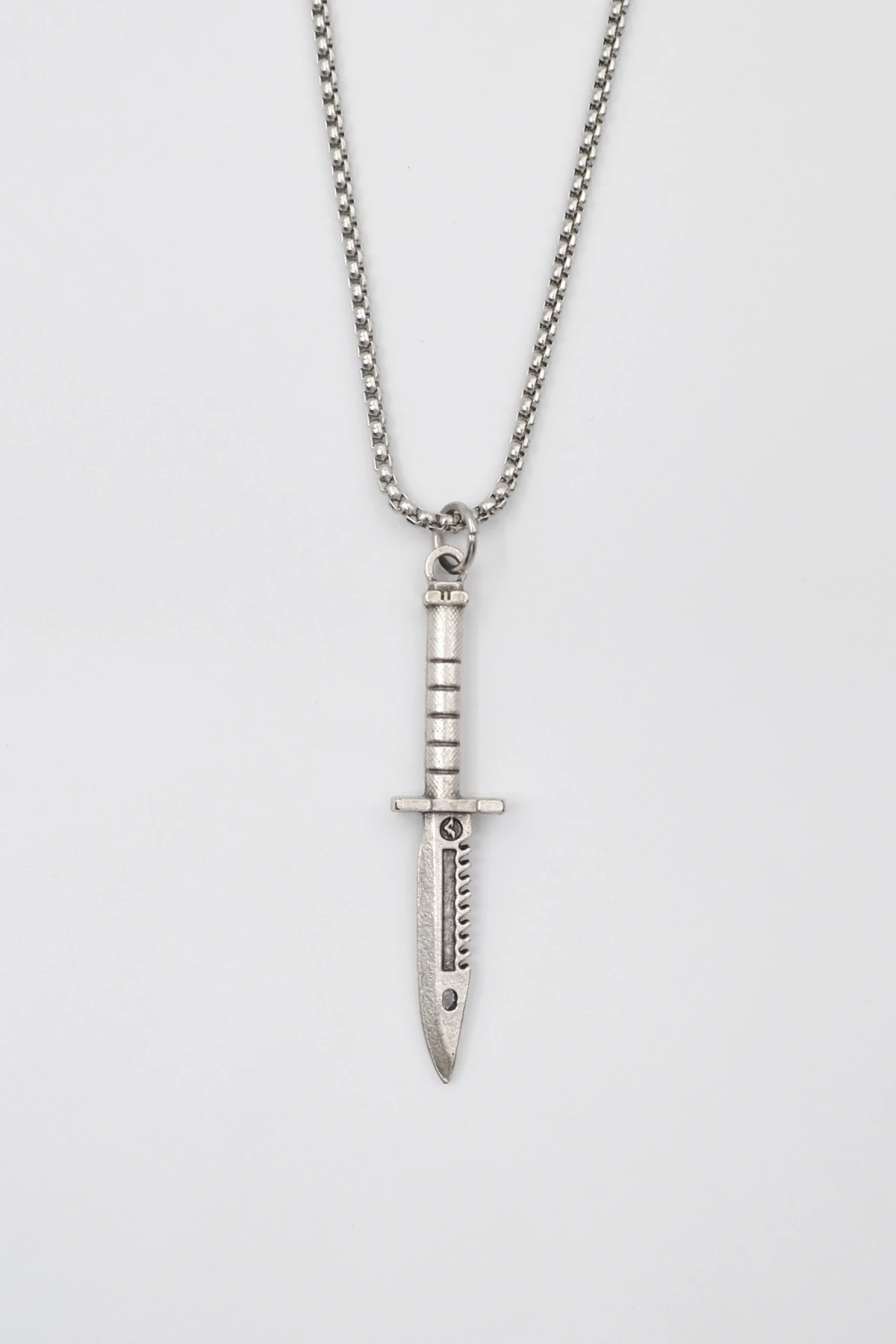 Testere Dişli Taktik Bıçak Örme Zincir Kolye - Antik Gümüş Kaplama - Kadın Erkek - 60 cm