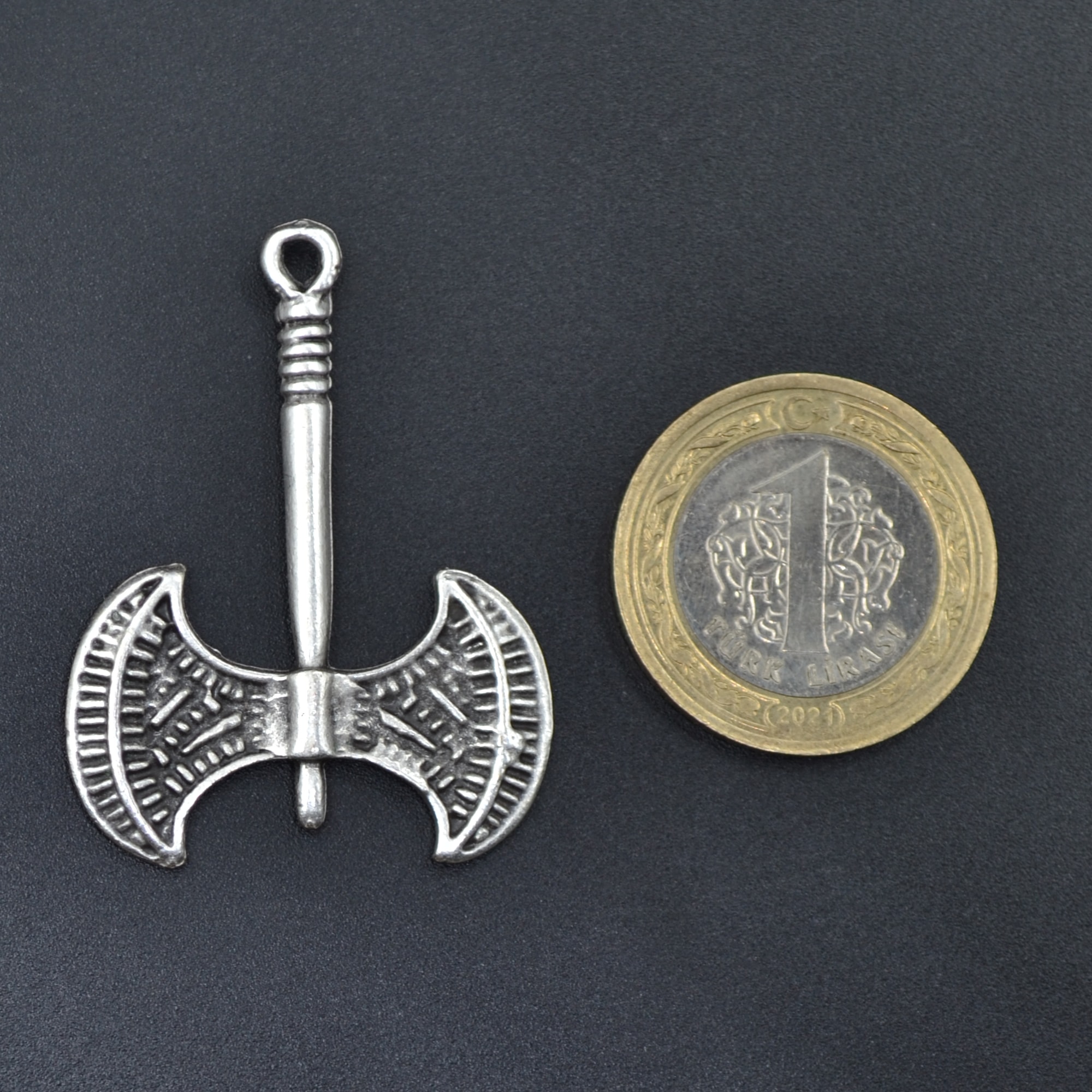 Çift Taraflı Balta Kolye - Gümüş ( Silver ) Renk - 60 cm Düz Ezme Zincir Kolye