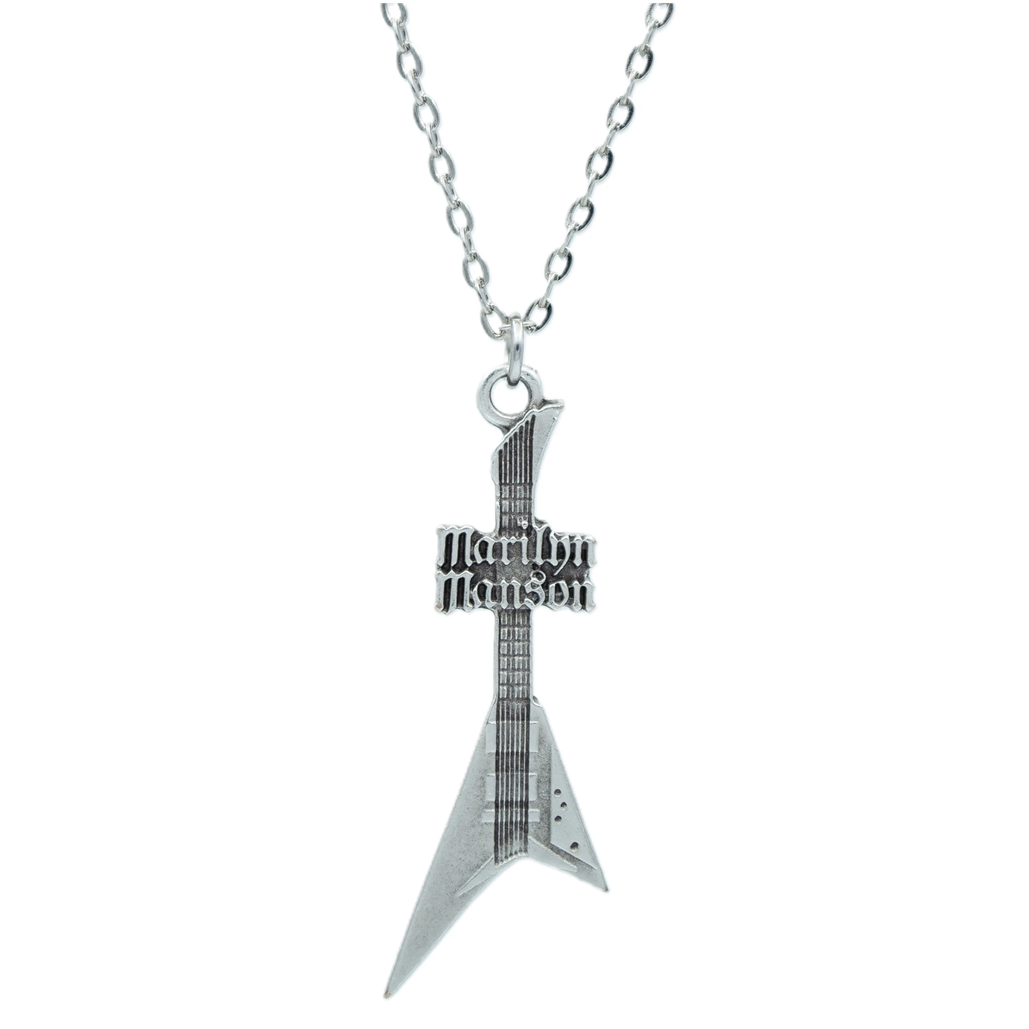 Marilyn Manson Elektro Gitar Kolye - Gümüş ( Silver ) Renk - 60 cm Düz Ezme Zincir Kolye