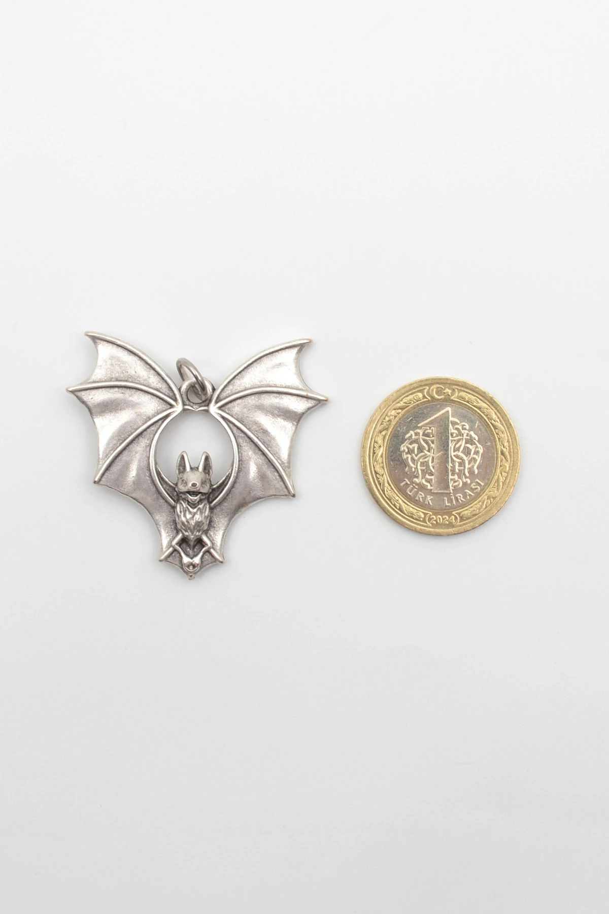 Gotik Yarasa Kolye - Gümüş ( Silver ) Renk - 60 cm Deri İp Kolye