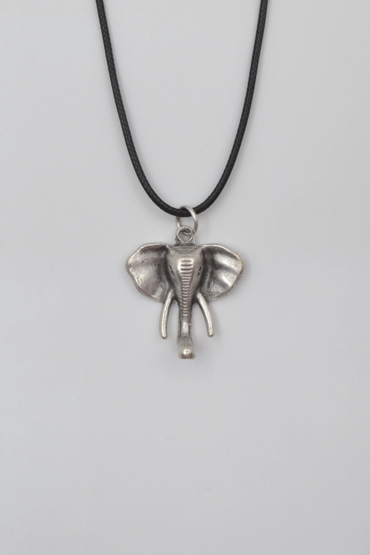 Fil Kafası KolyeSiyah Deri İp Kolye - Antik Gümüş Kaplama - Kadın Erkek - 60 cm