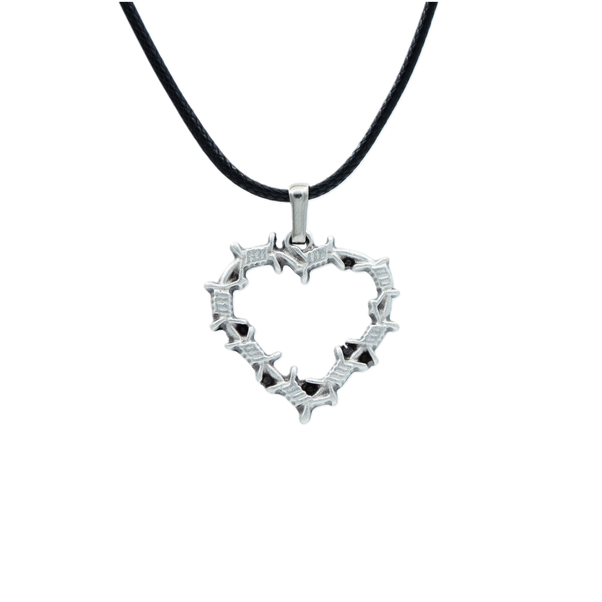 Dikenli Kalp Kolye - Gümüş ( Silver ) Renk - 60 cm Deri İp Kolye