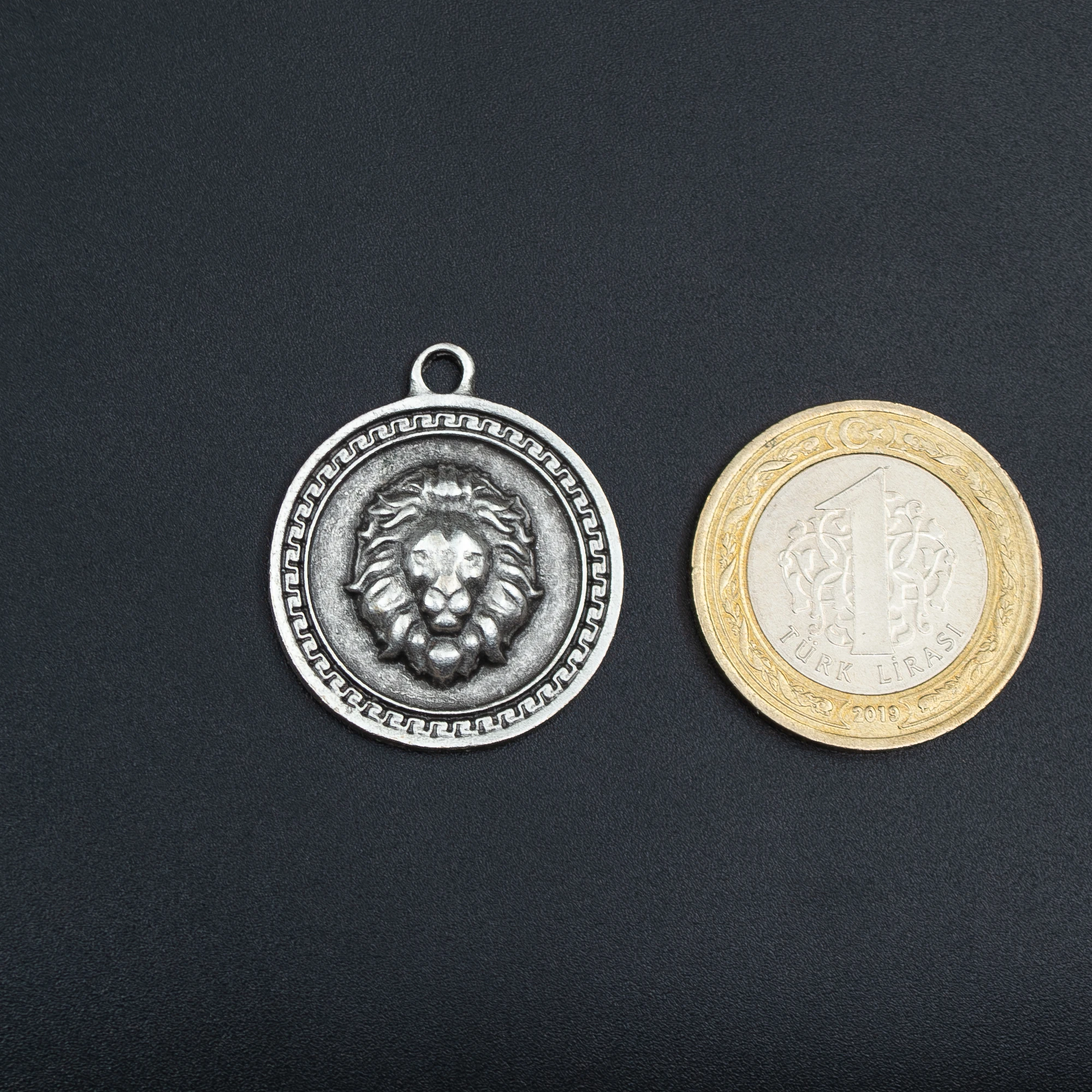 Aslan Kabartmalı Madalyon Kolye - Gümüş ( Silver ) Renk - 60 cm Deri İp Kolye