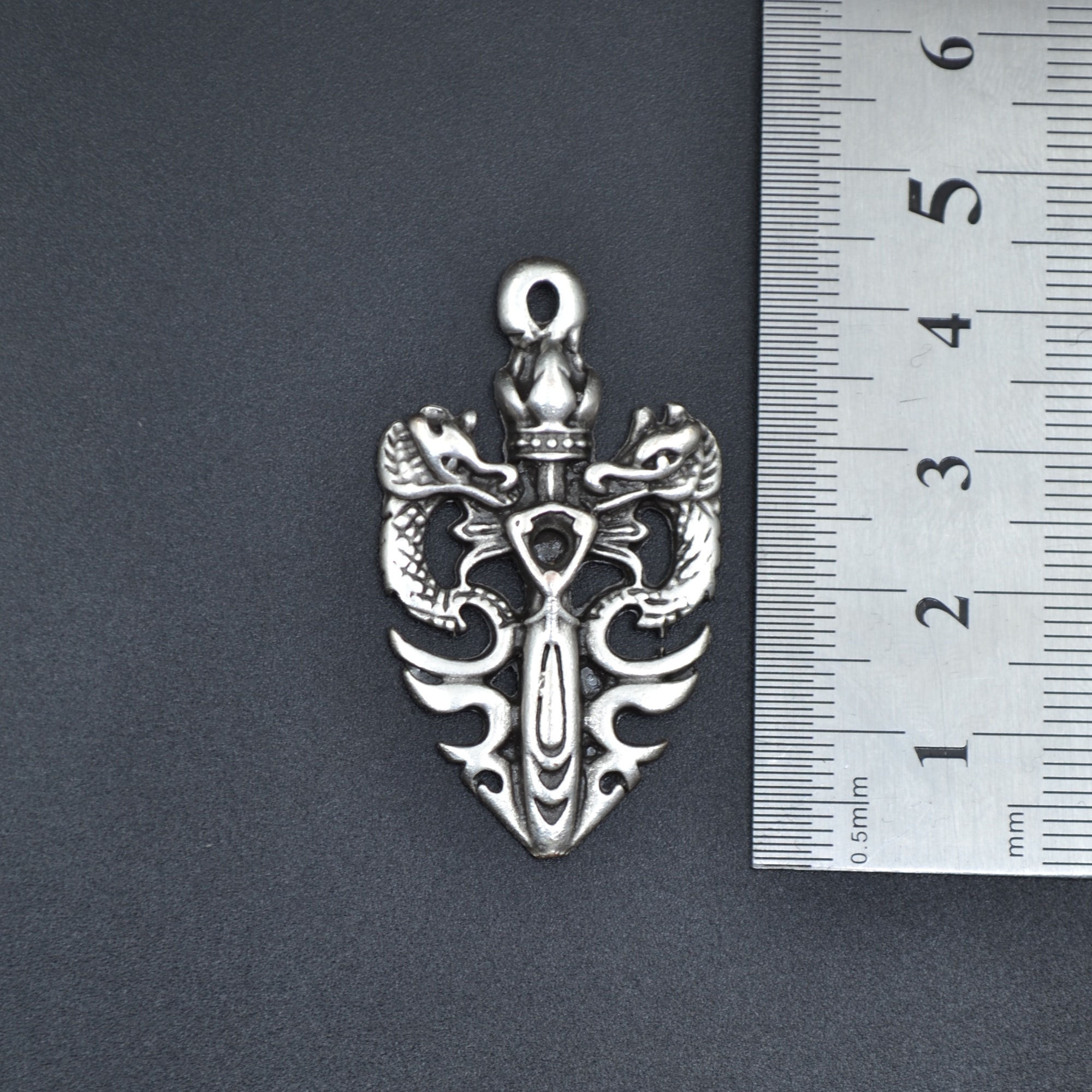 Ejderha Kılıç Kolye - Gümüş ( Silver ) Renk - 60 cm Deri İp Kolye