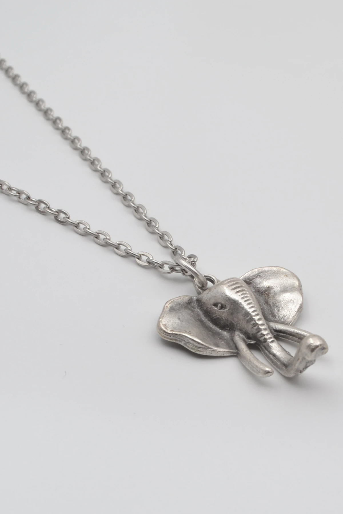 Fil Kafası KolyeDüz Ezme Zincir Kolye - Antik Gümüş Kaplama - Kadın Erkek - 60 cm