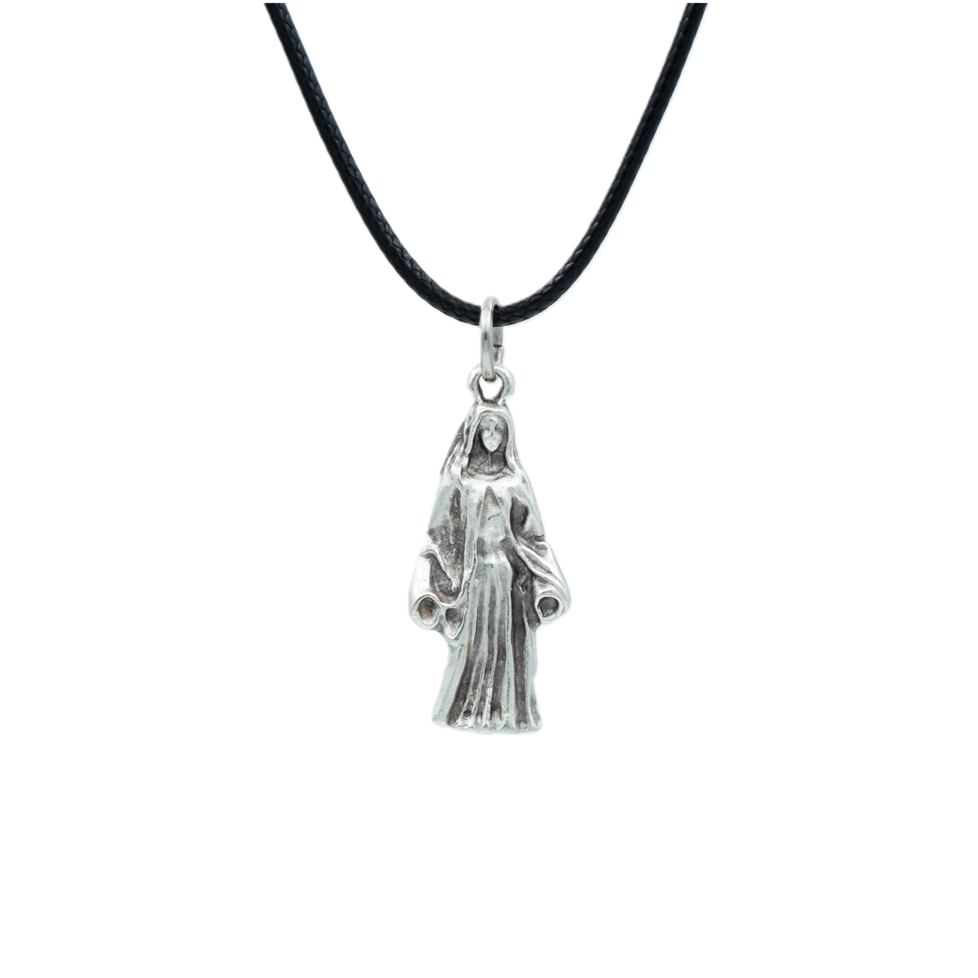 Minimal Meryem Ana Kolye - Gümüş ( Silver ) Renk - 60 cm Deri İp Kolye