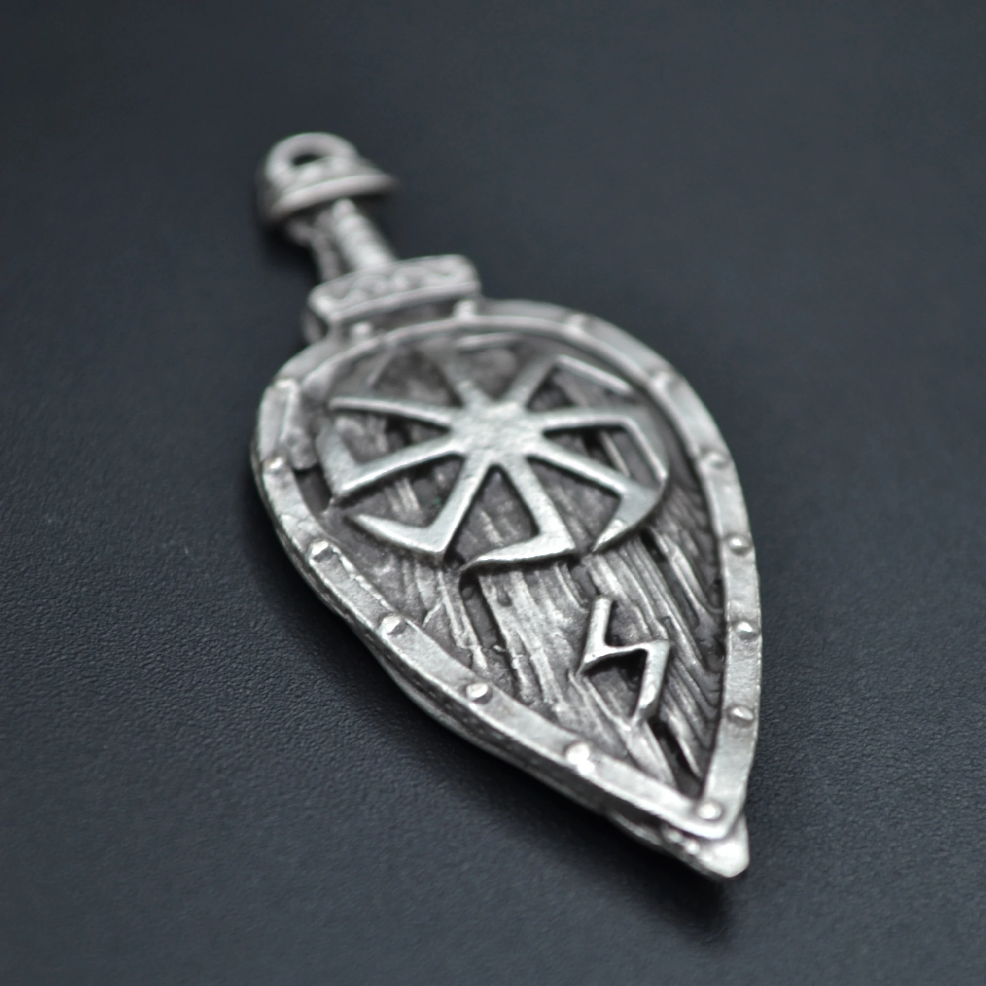 Viking Kolovrat Kalkan Kolye - Gümüş ( Silver ) Renk - 60 cm Örme Zincir Kolye