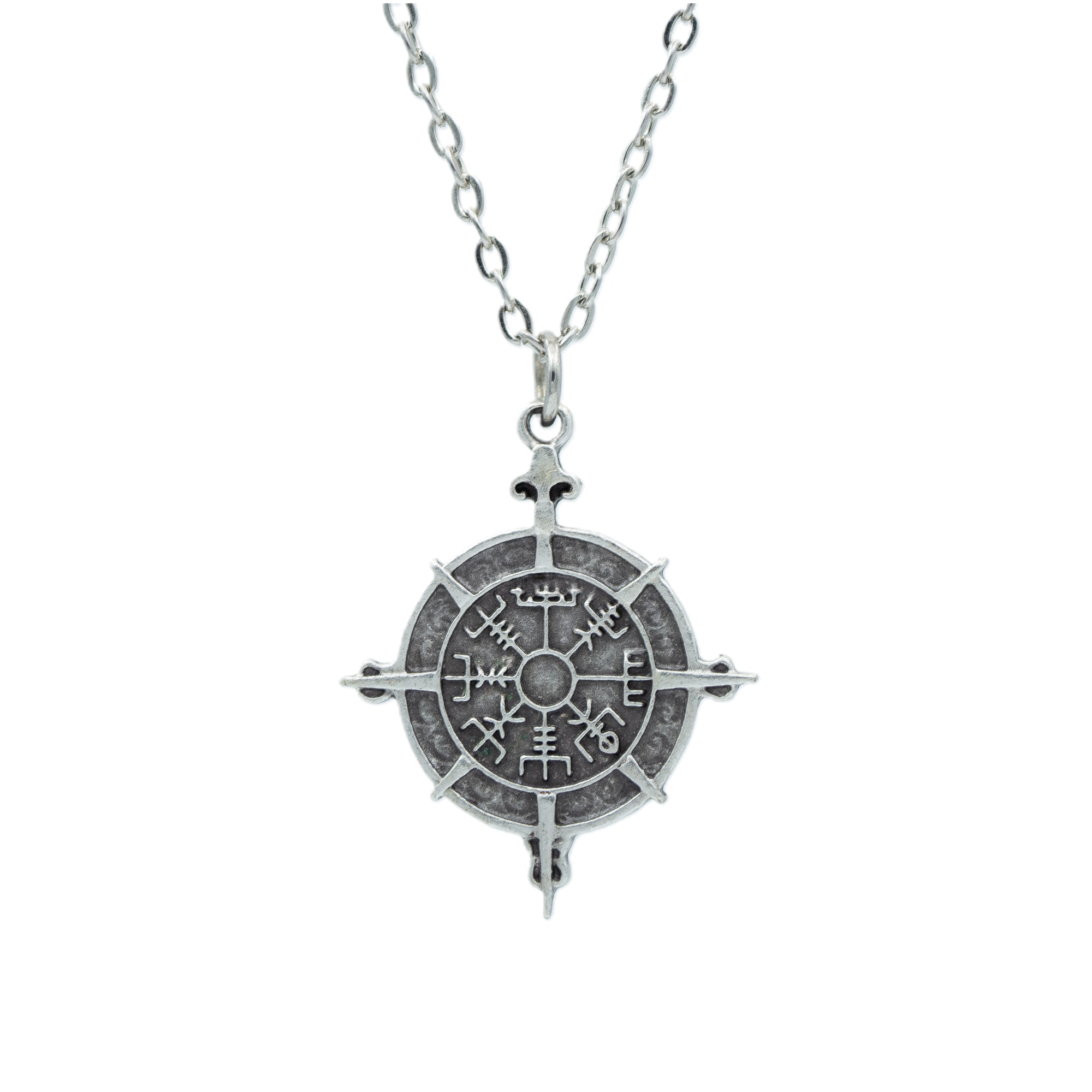 Viking Vegvisir Pusula Kolye - Gümüş ( Silver ) Renk - 60 cm Düz Ezme Zincir Kolye