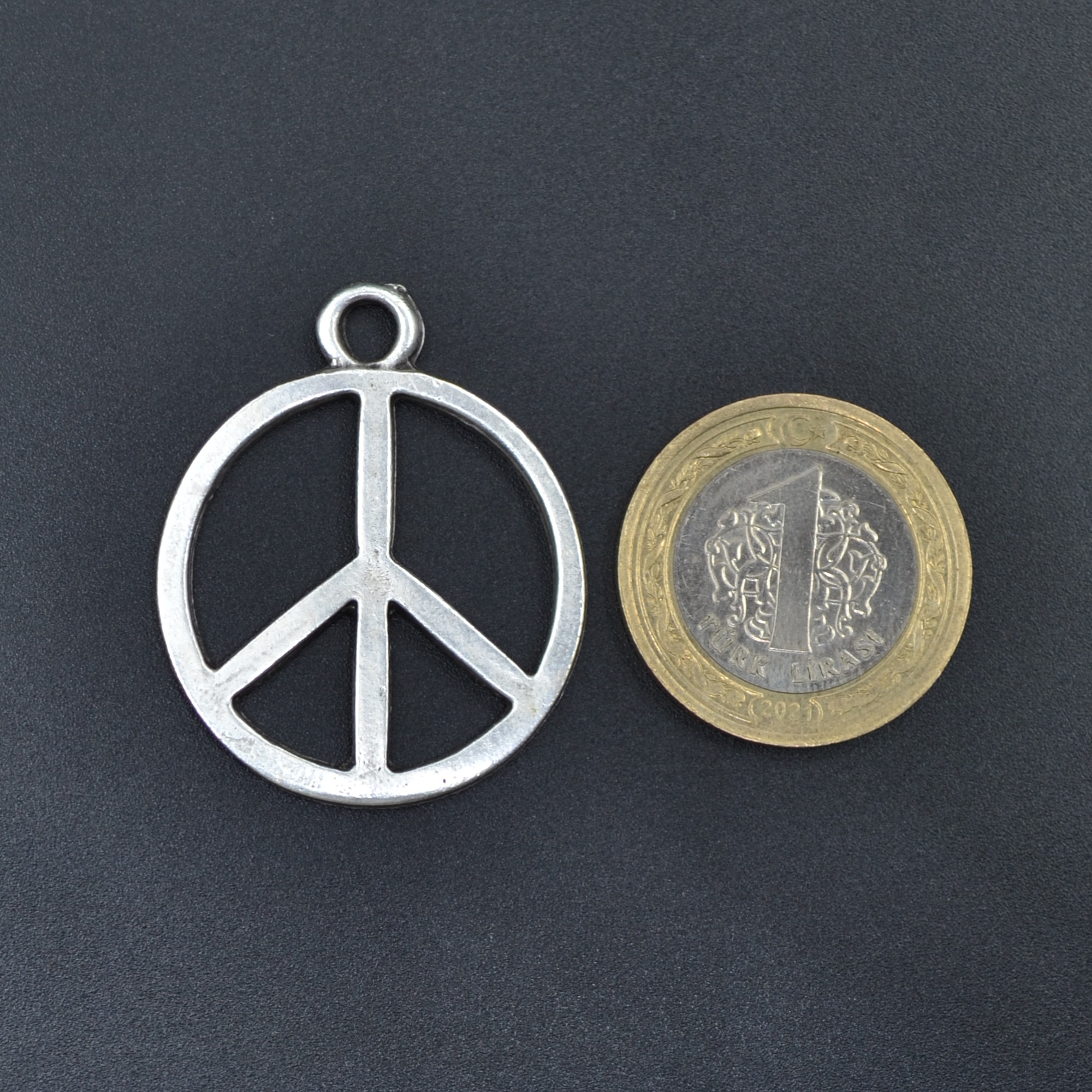 Peace Barış Sembolü Kolye - Gümüş ( Silver ) Renk - 60 cm Deri İp Kolye