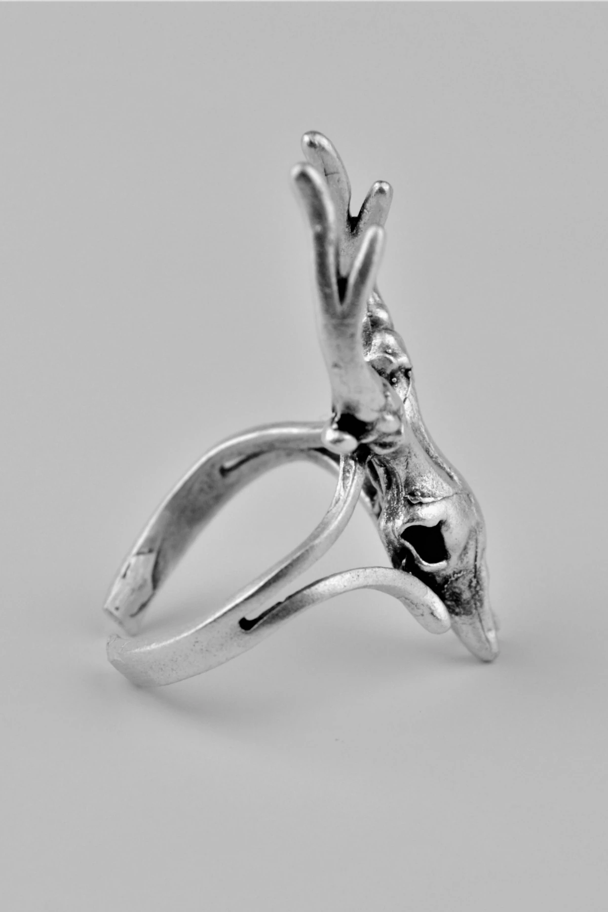 Geyik Başı Kuru Kafa Antik Gümüş Kaplama Ayarlamalı Erkek Kadın Yüzük