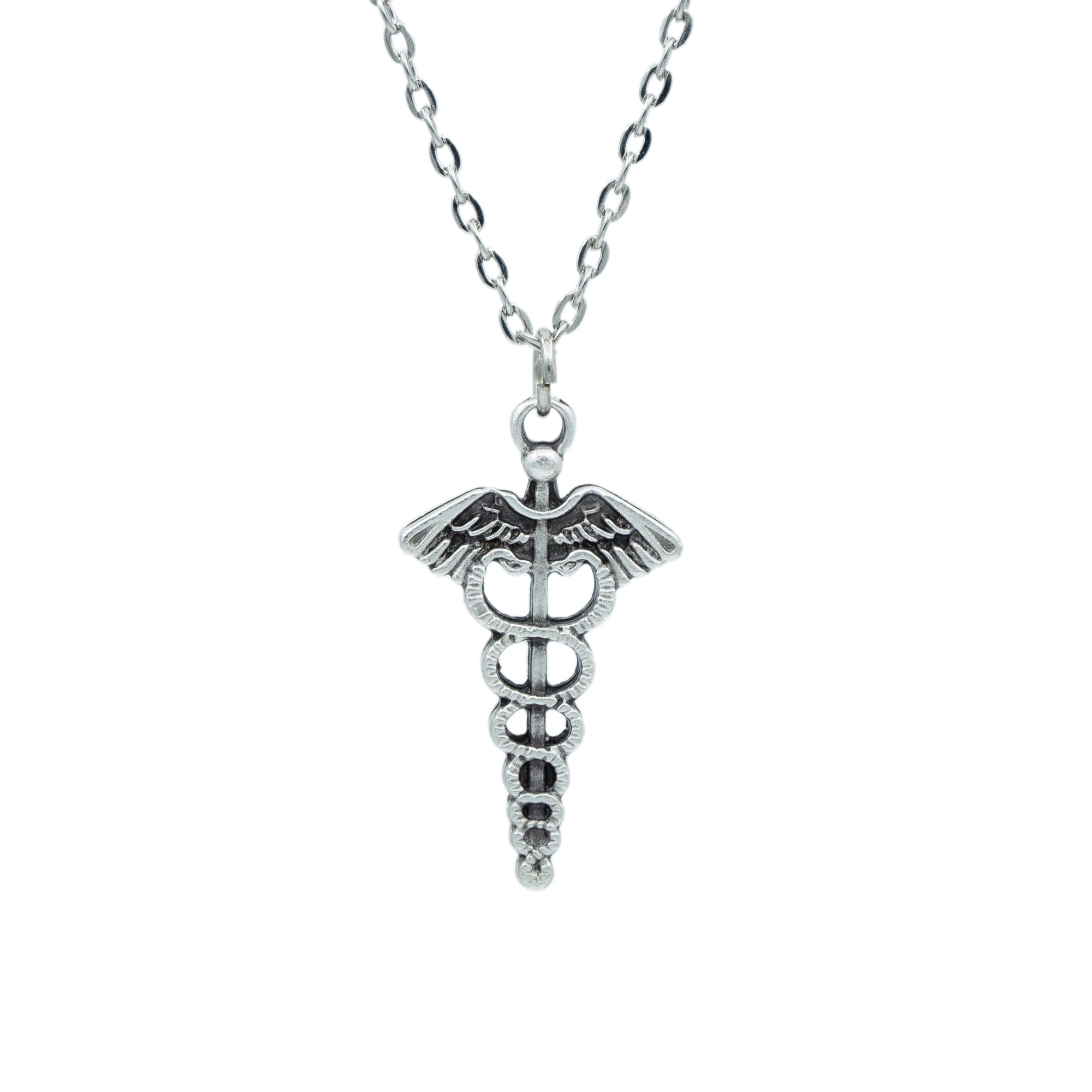 Tıp Sembolü Kadüse Kolye - Düz Silver Zincir - Silver - 60 cm
