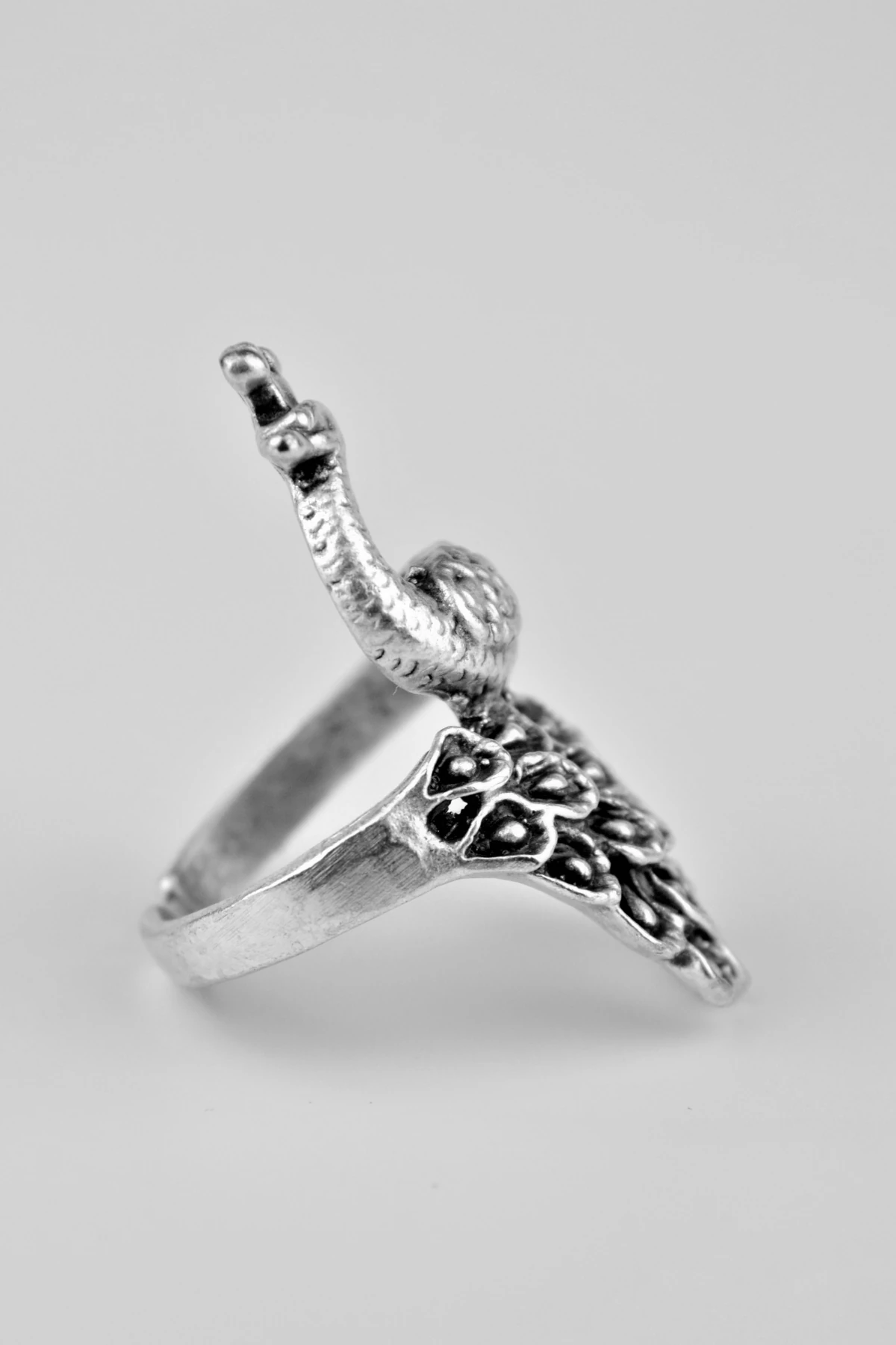 Tavuskuşu Antik Gümüş Kaplama Ayarlamalı Kadın Erkek Yüzük