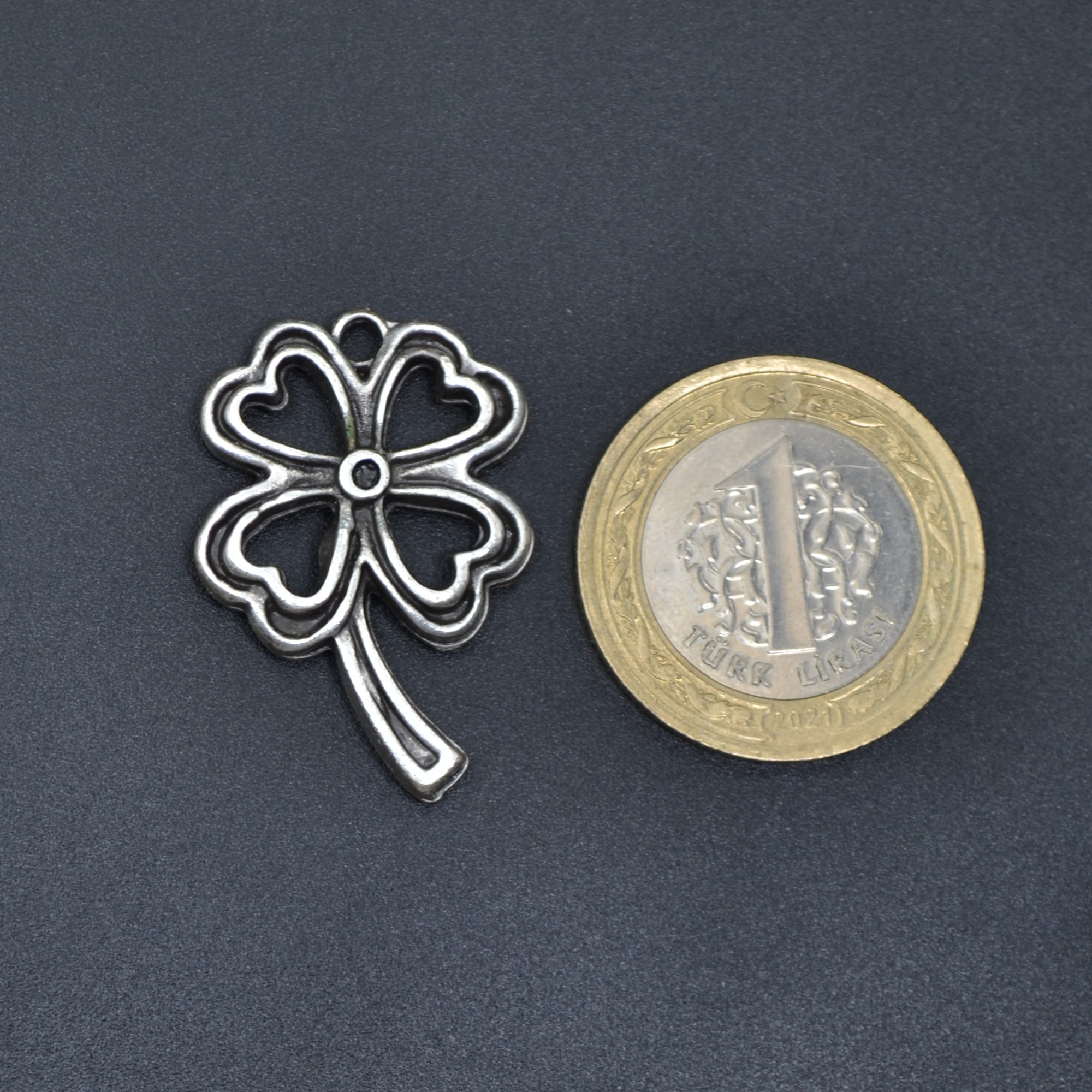 Dört Yapraklı Yonca Kolye - Gümüş ( Silver ) Renk - 60 cm Deri İp Kolye