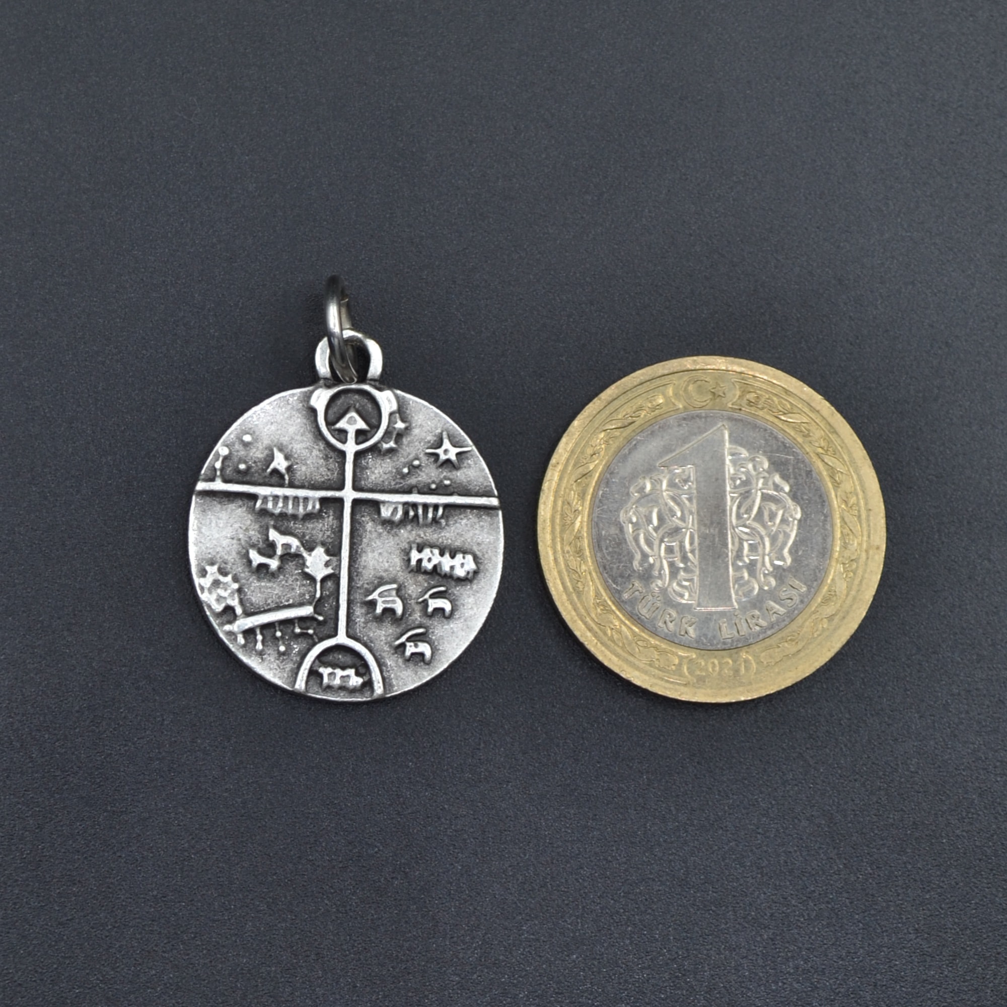 Şaman Kam Davulu Kolye - Gümüş ( Silver ) Renk - 60 cm Deri İp Kolye