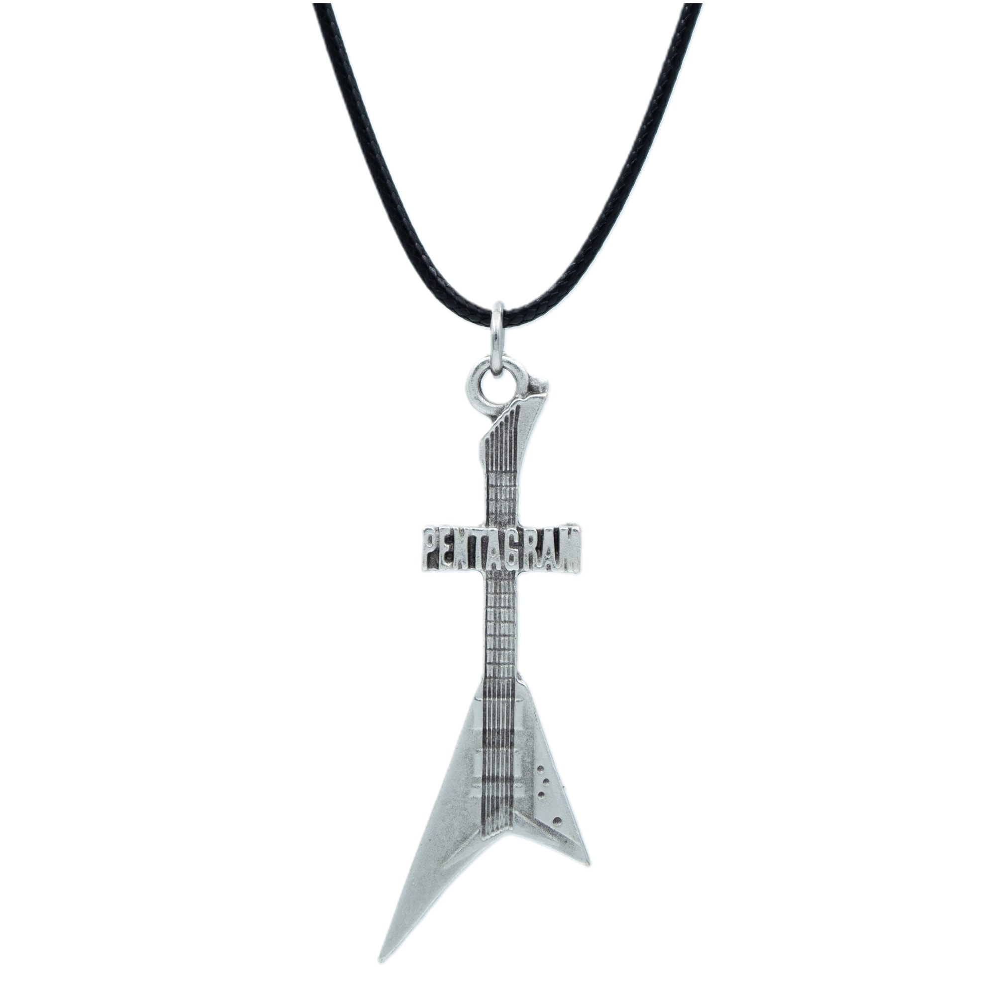 Pentagram Elektro Gitar Kolye - Gümüş ( Silver ) Renk - 60 cm Deri İp Kolye