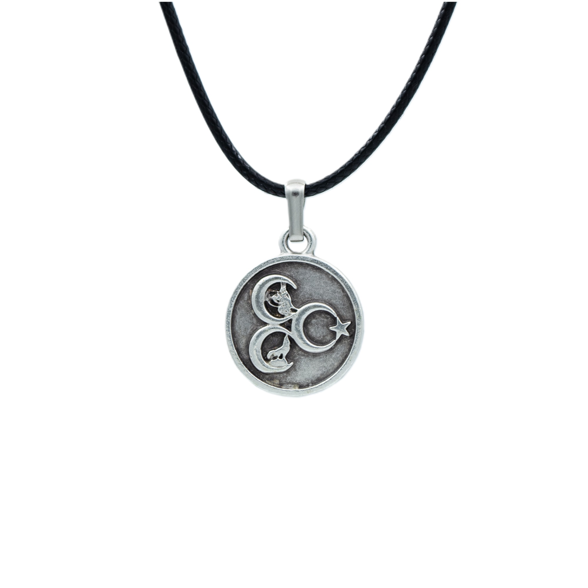 3 Hilal - Ay Yıldız - Kurt- Tuğra Kolye - Gümüş ( Silver ) Renk - 60 cm Deri İp Kolye