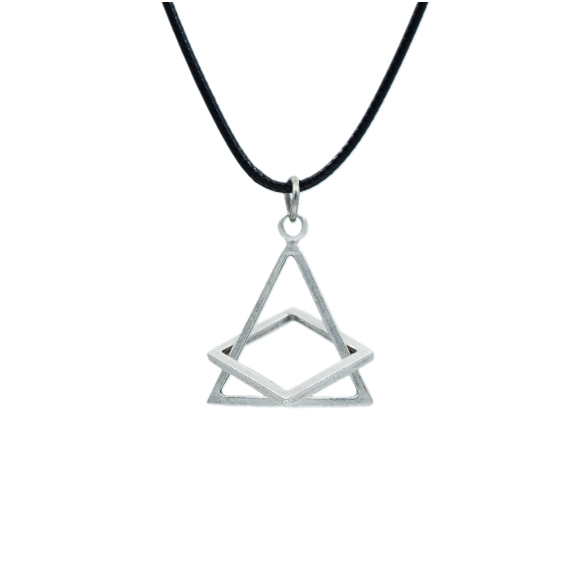 Üçgen Kare Geometrik Kolye - Gümüş ( Silver ) Renk - 60 cm Deri İp Kolye