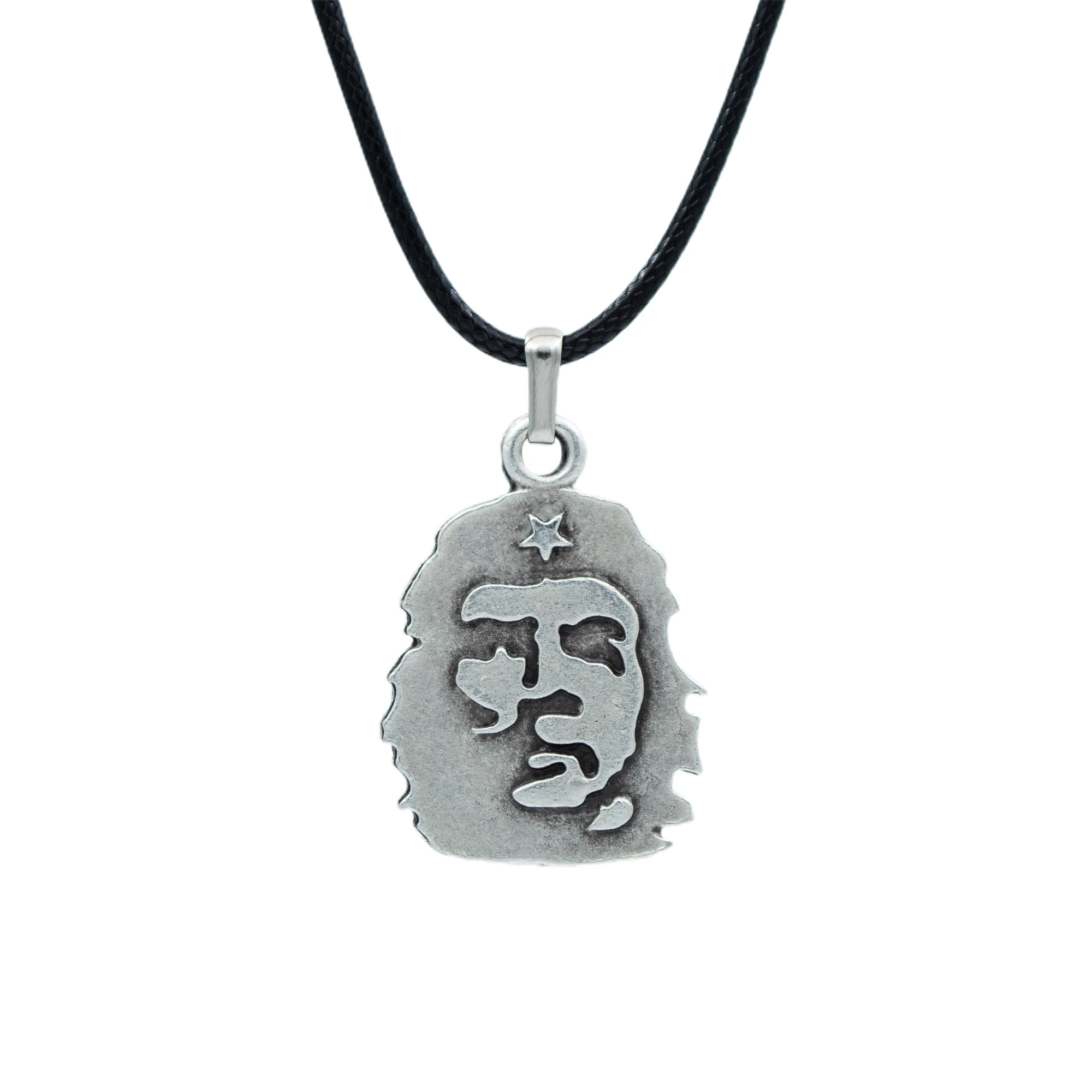 Che Guevara Kolye - Gümüş ( Silver ) Renk - 60 cm Deri İp Kolye