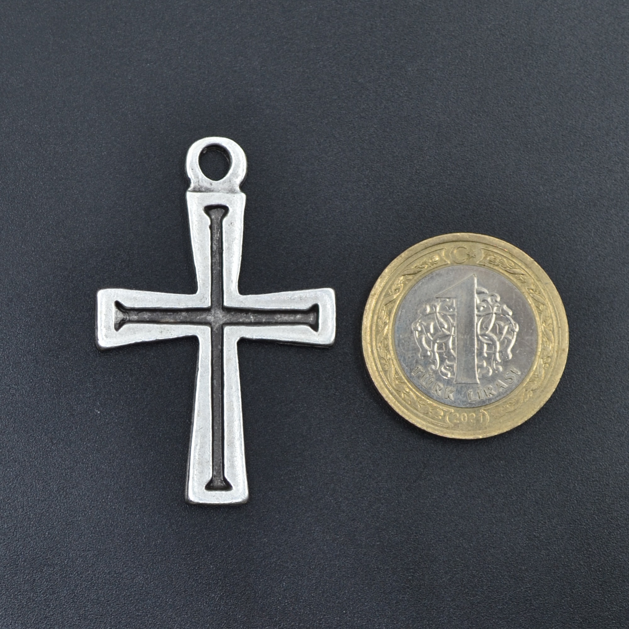 Haç Kolye - Gümüş ( Silver ) Renk - 60 cm Deri İp Kolye